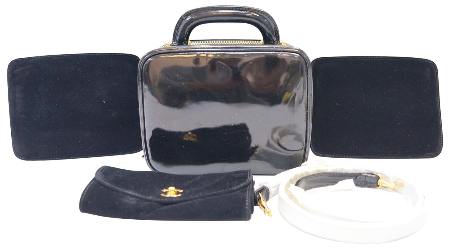 CHANEL CC Black Patent Leather 2way Vanity Case Cosmetic Bag