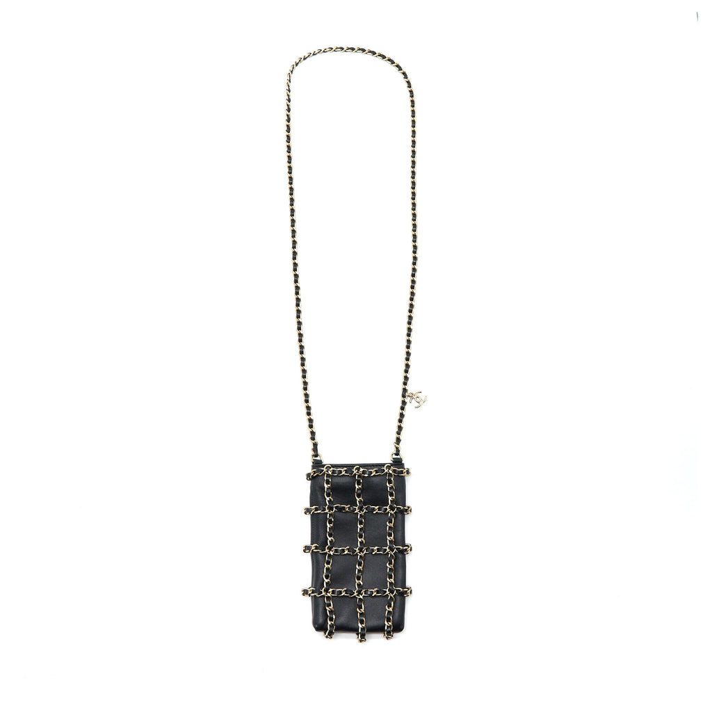 Chanel Phone Pouch with Chain Lambskin Black L