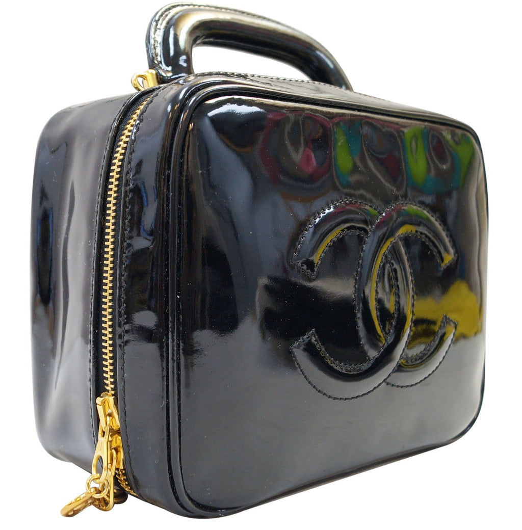 CHANEL CC Black Patent Leather 2way Vanity Case Cosmetic Bag