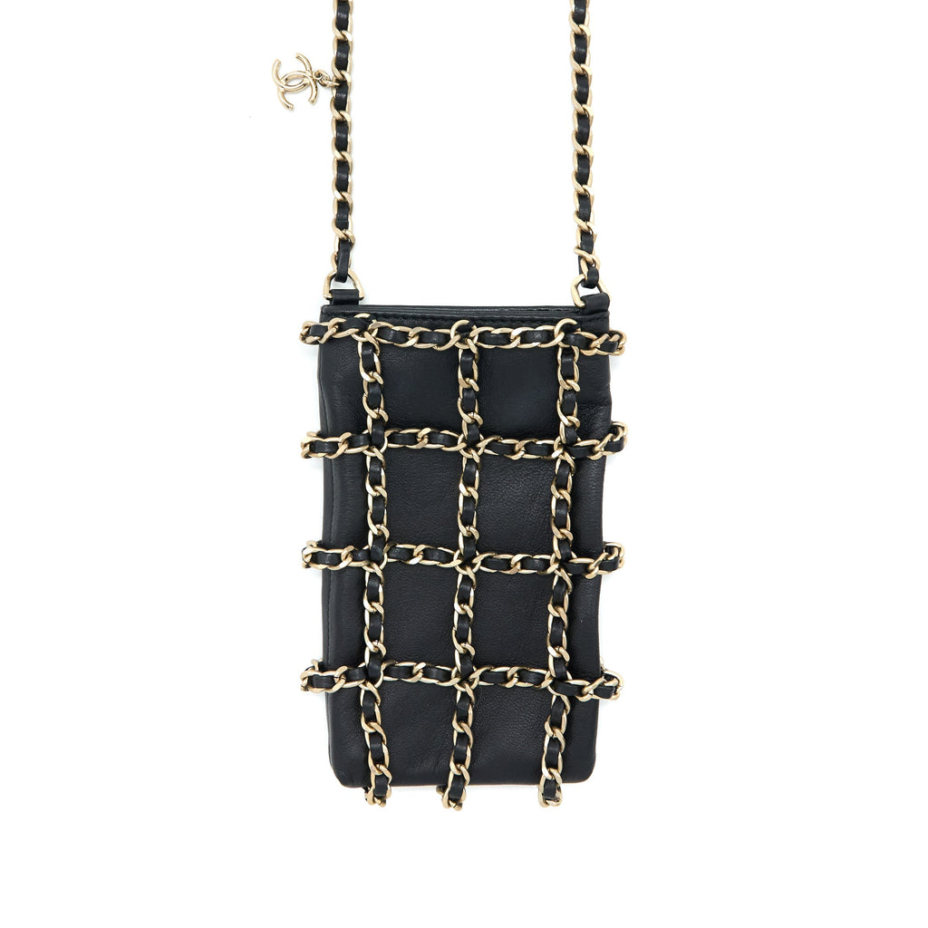Chanel Phone Pouch with Chain Lambskin Black L