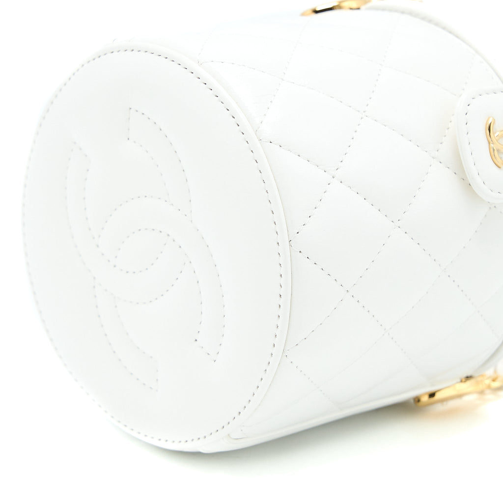 Chanel Top Handle Round Vanity with Chain Lambskin White  (Microchip)