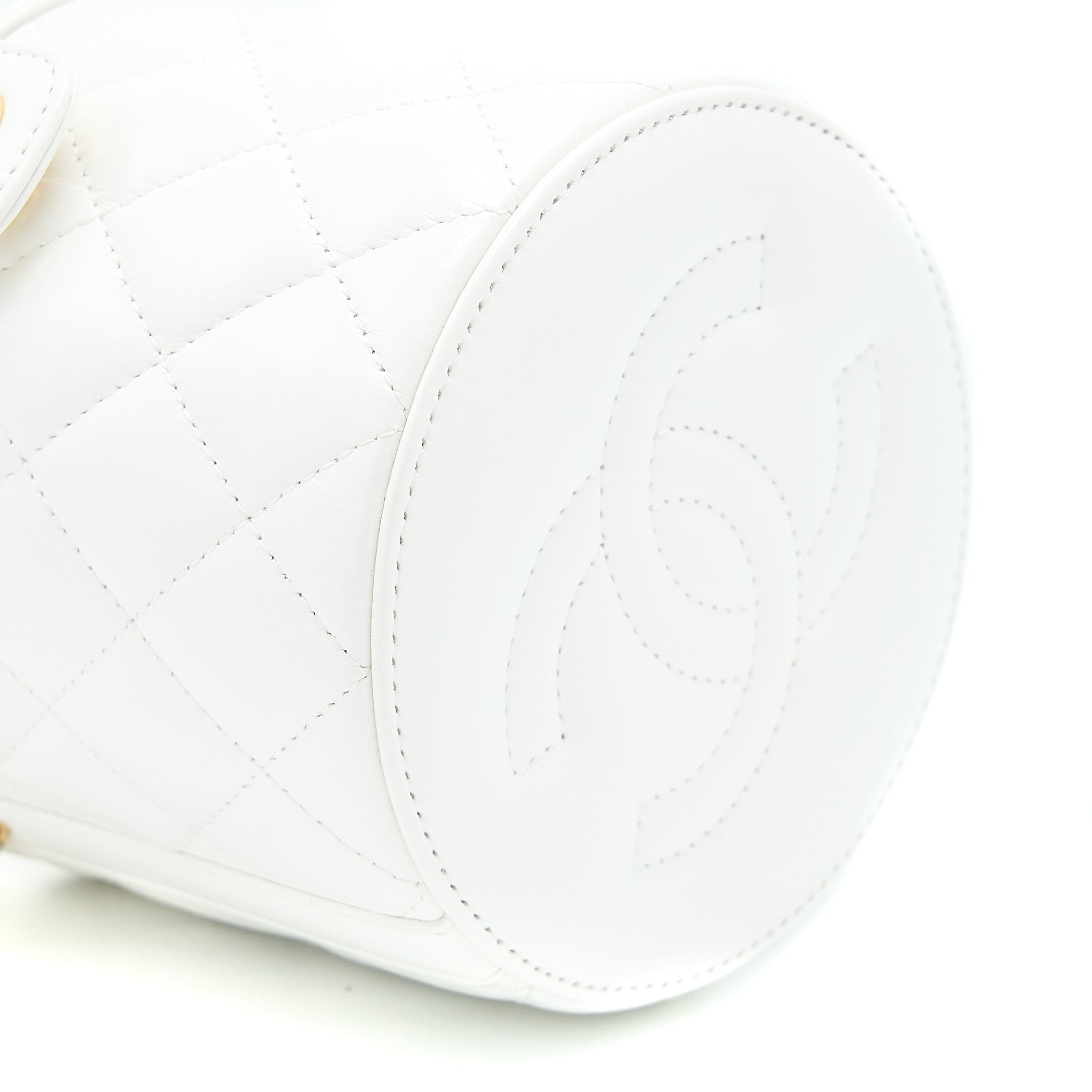 Chanel Top Handle Round Vanity with Chain Lambskin White  (Microchip)