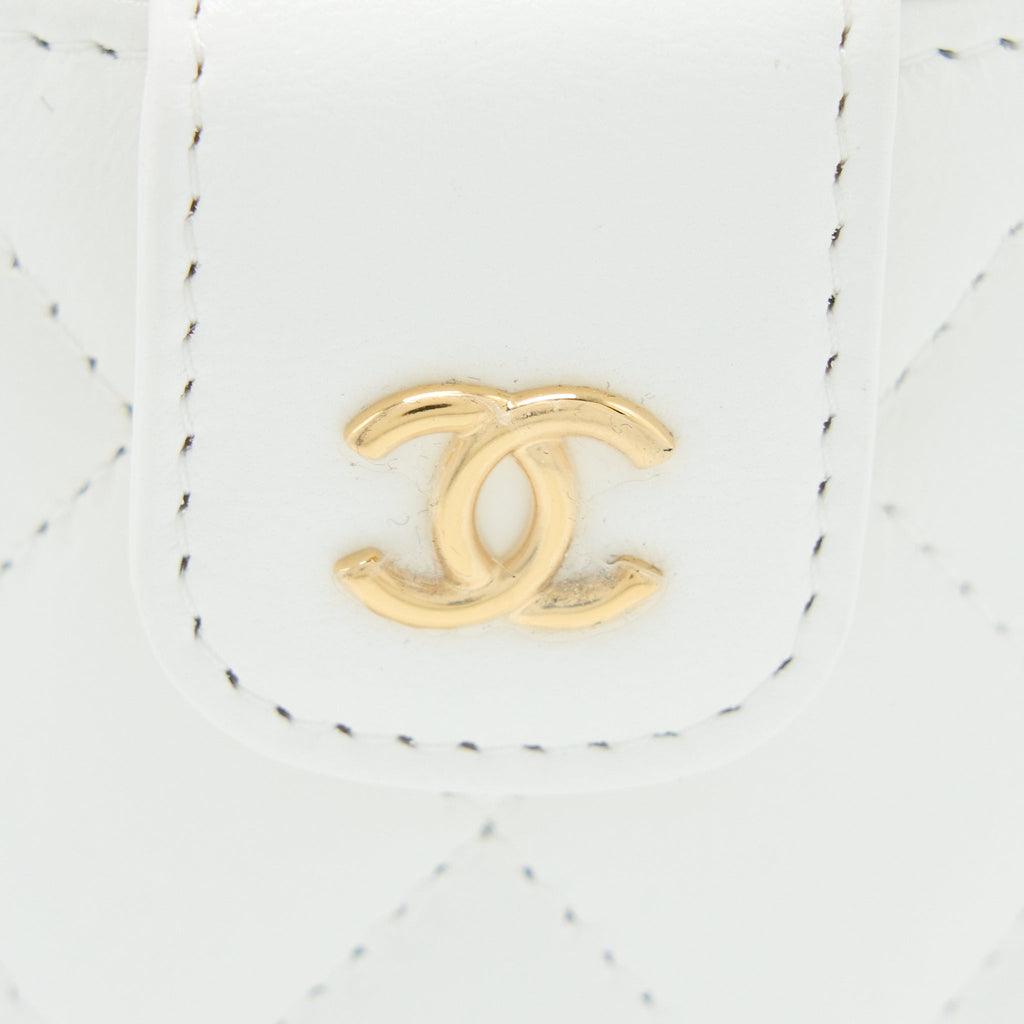 Chanel Top Handle Round Vanity with Chain Lambskin White  (Microchip)