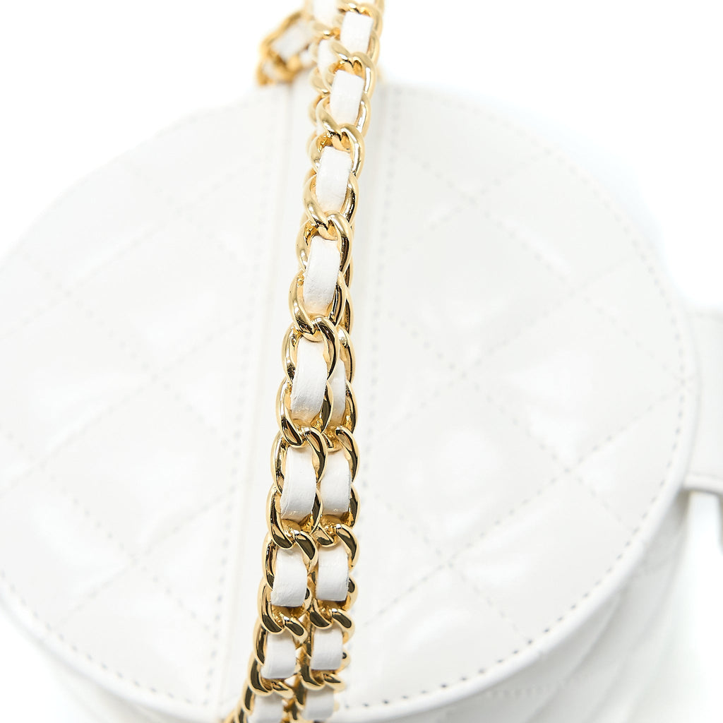 Chanel Top Handle Round Vanity with Chain Lambskin White  (Microchip)