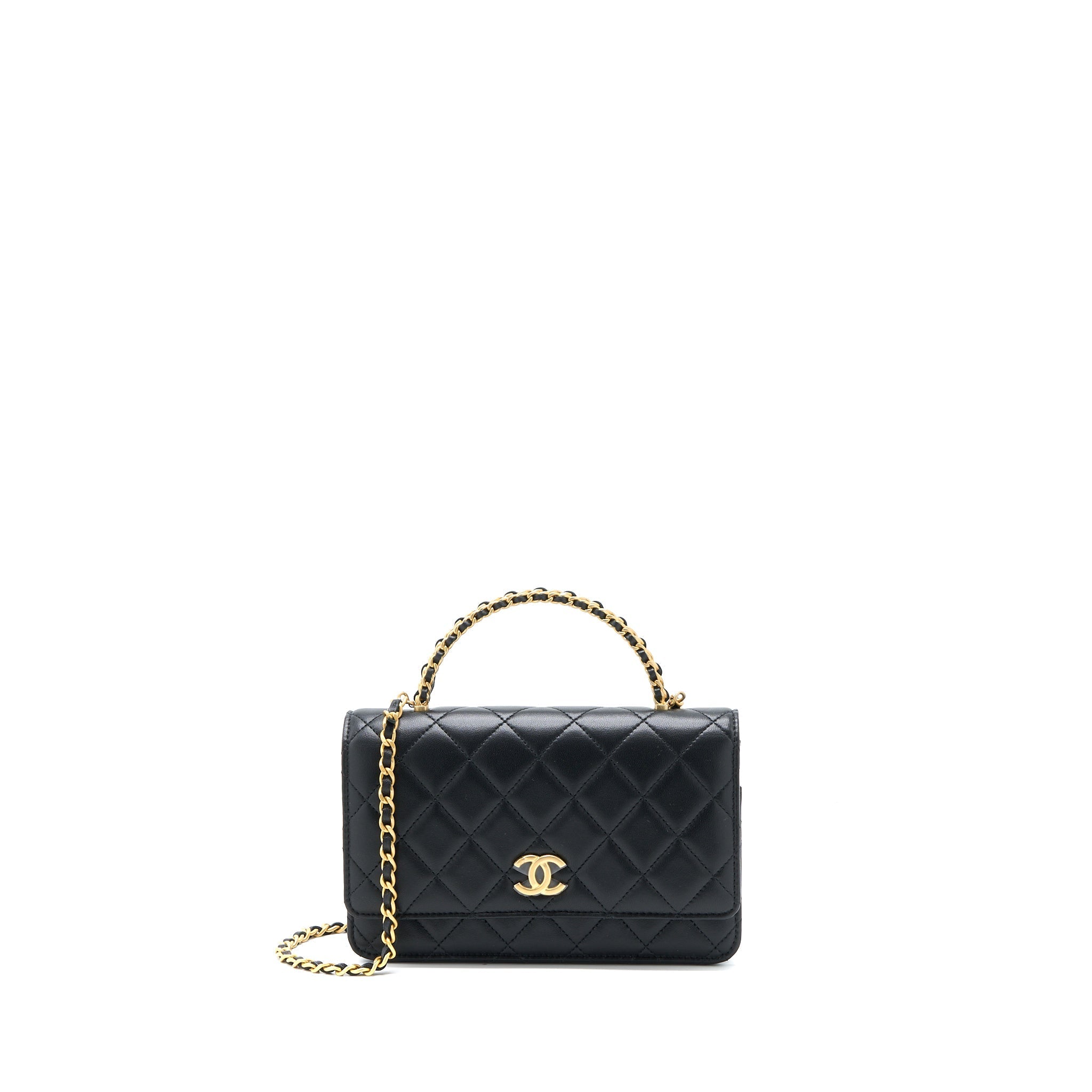 Chanel Top Handle Wallet On Chain Lambskin Black Brushed  (Microchip)