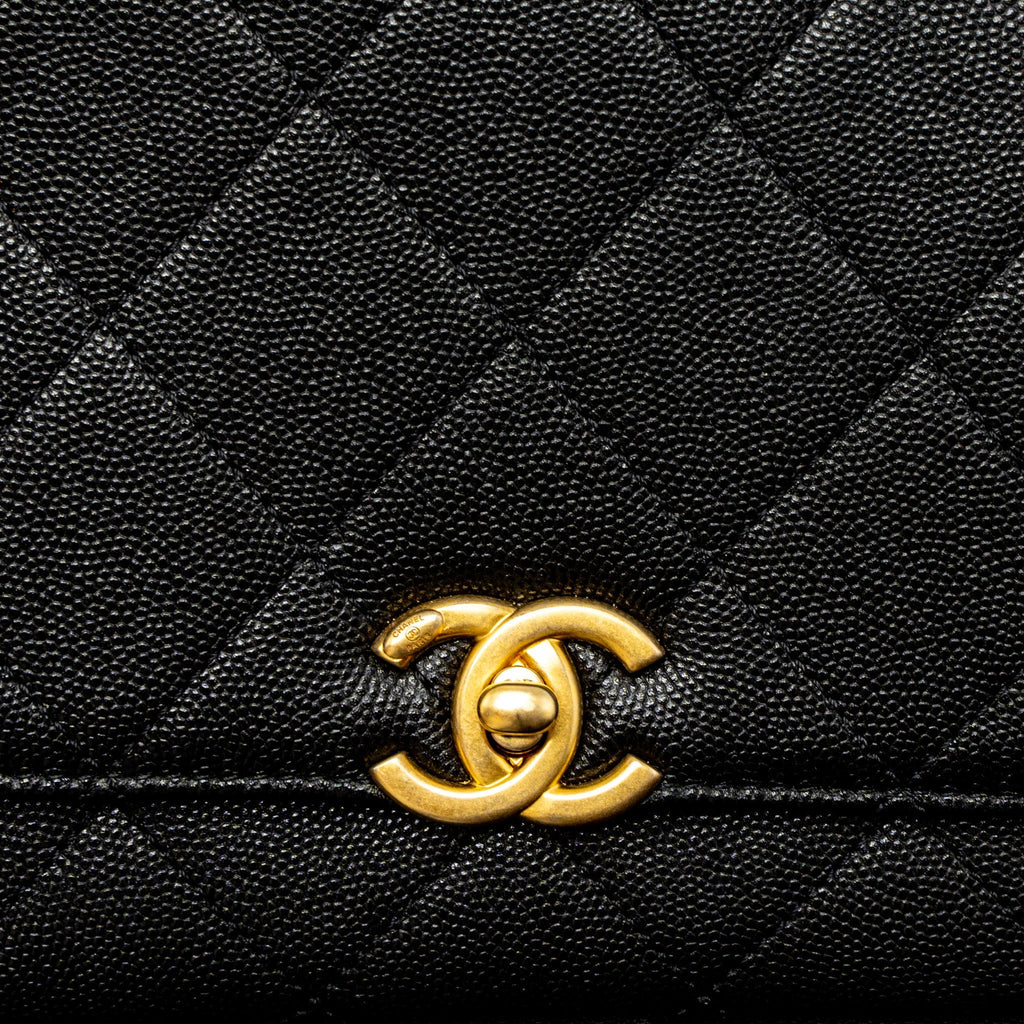 Chanel Flap Bag With Detail Chain Grained Calfskin Black Brushed  (Microchip)