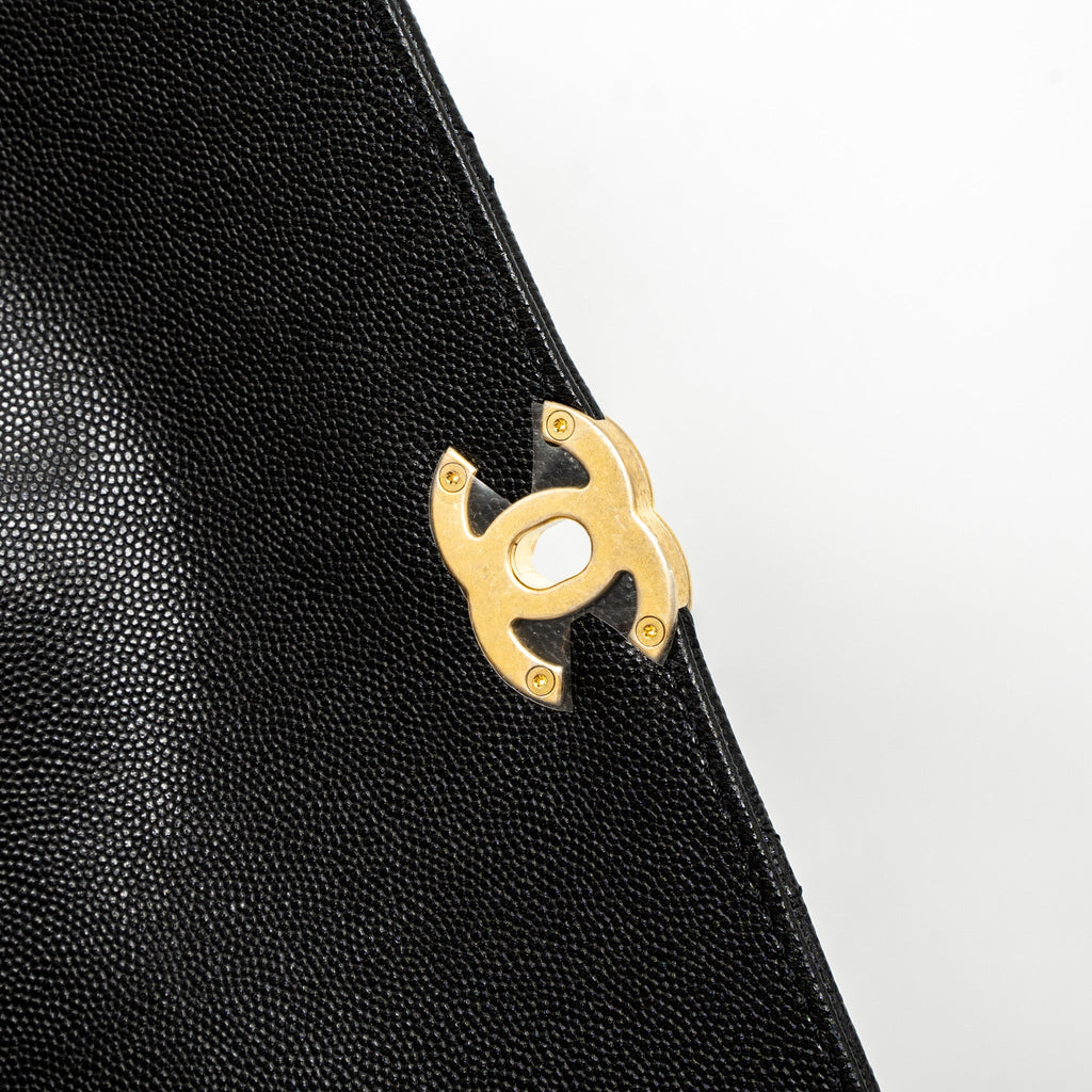 Chanel Flap Bag With Detail Chain Grained Calfskin Black Brushed  (Microchip)