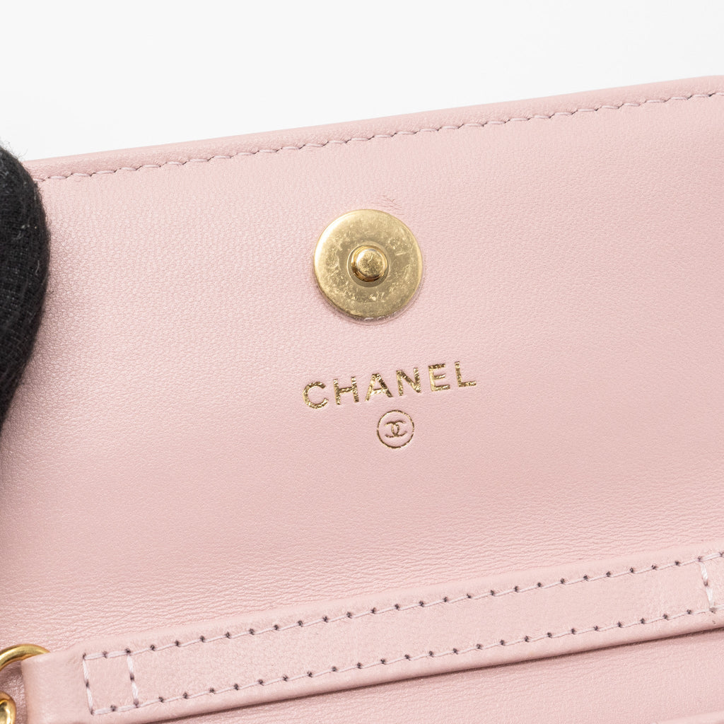 Chanel mini flap card holder with chain limited edition lambskin light pink  (microchip)