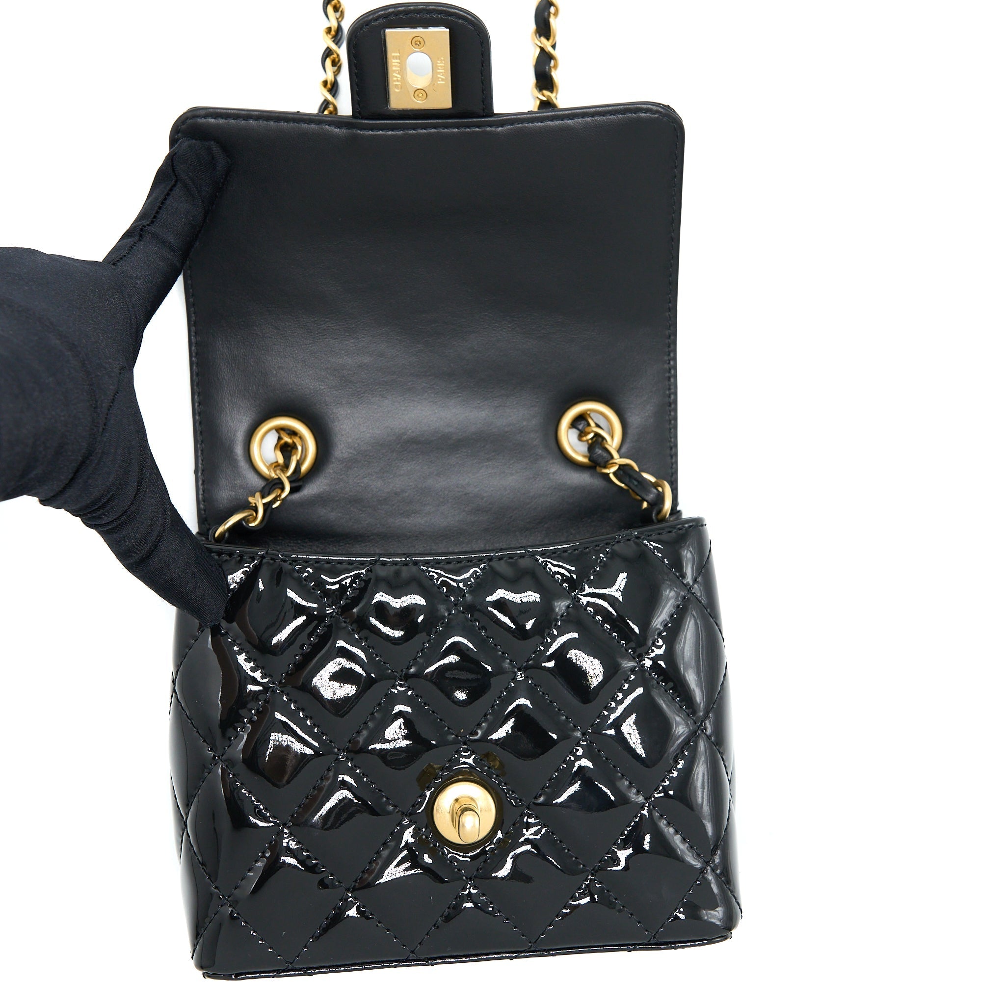Chanel 22K Retro Classic New Square Mini Flap Bag Patent Black Brushed (Microchip)