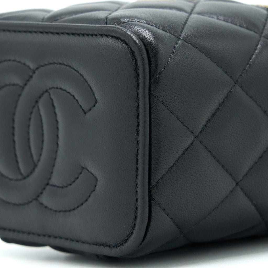 Chanel 22B Detailed Top Handle Mini Vanity With Chain Lambskin Black Brushed