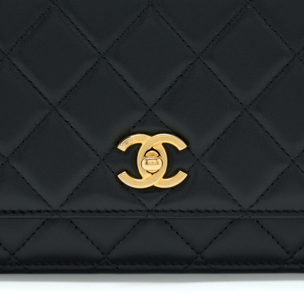 Chanel 21S Wallet On Chain With Pearl/CC logo Round Handle Lambskin Black Brushed