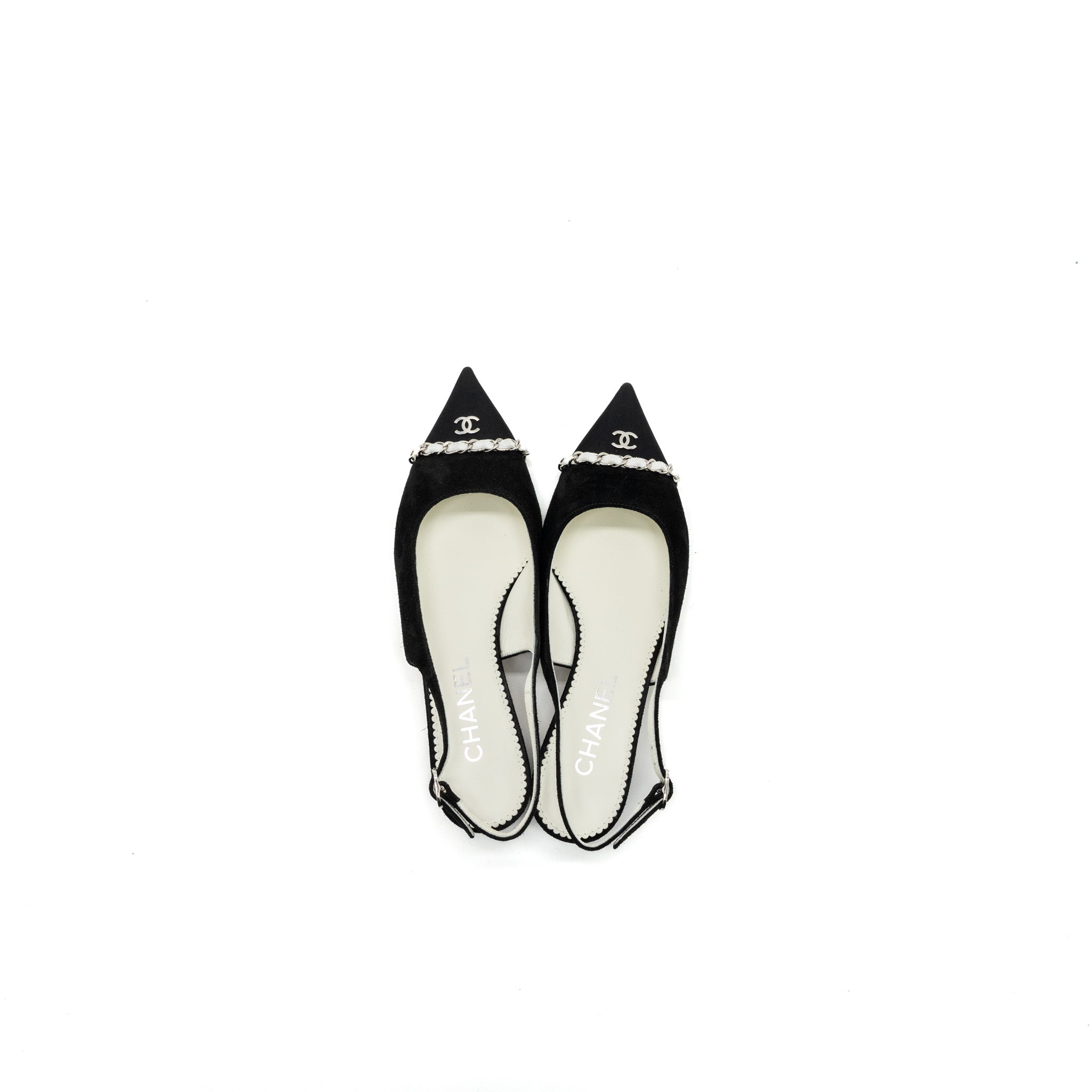 CHANEL SIZE 36 SLINGS SHOES Suede Calfskin/ Grosgrain Metal Black and Light Grey