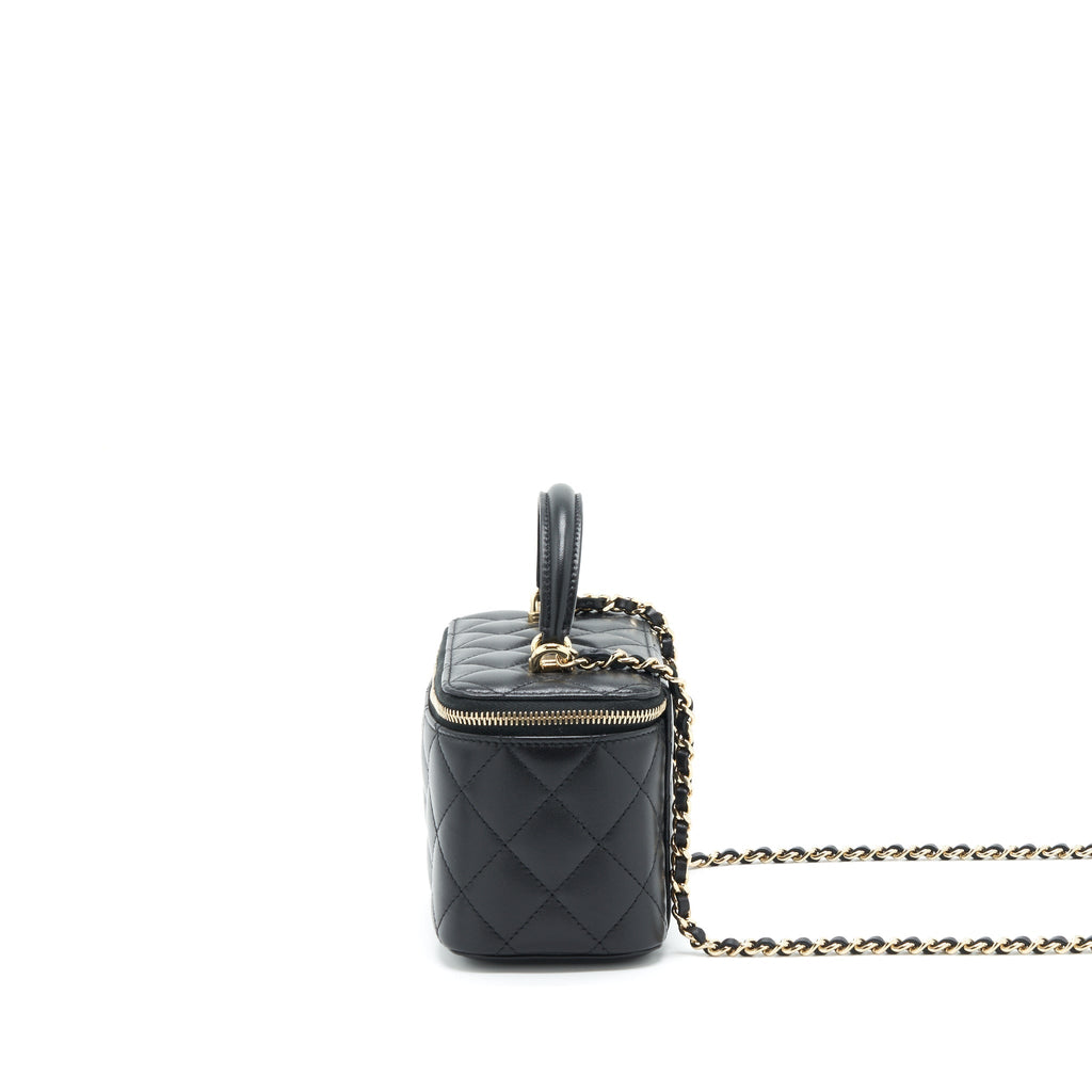Chanel Top Handle Long Vanity With Chain Lambskin Black