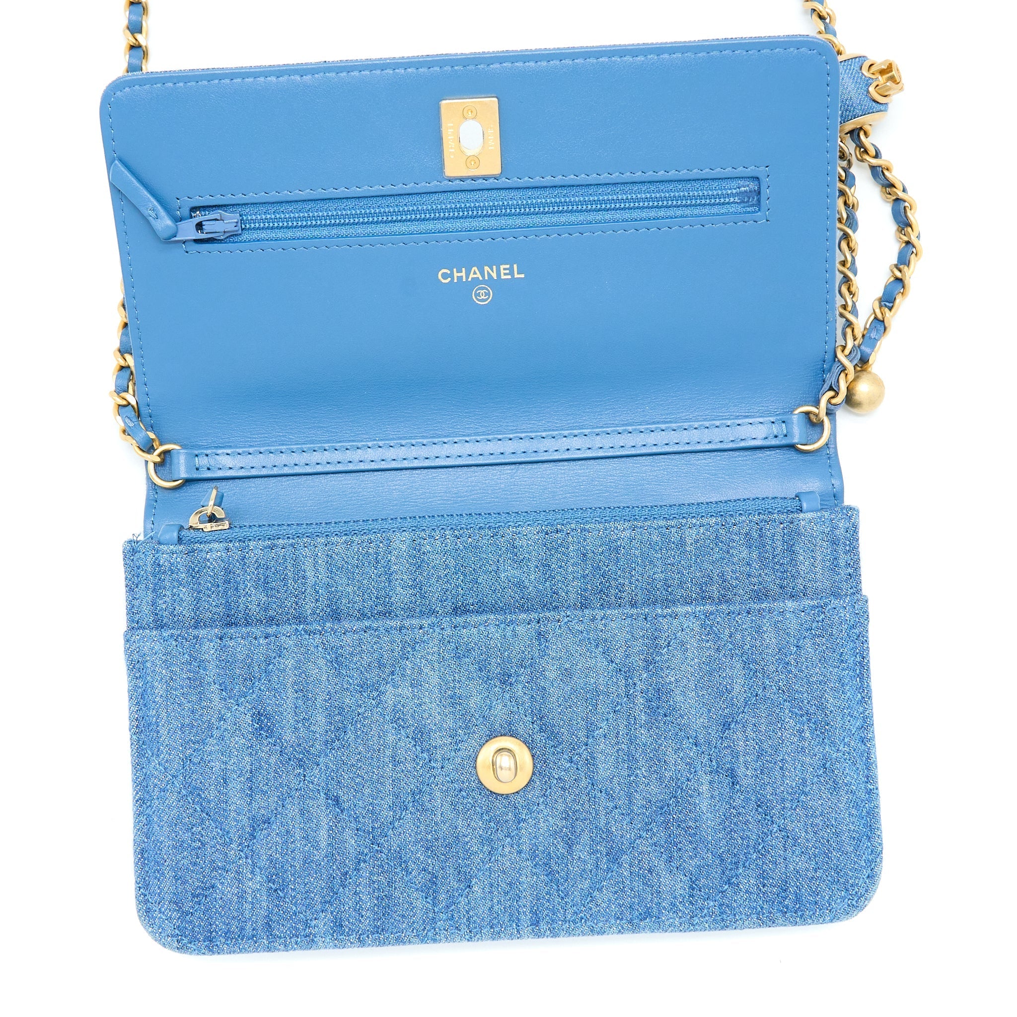 Chanel Denim Pearl Crush Wallet On Chain Denim Blue Brushed