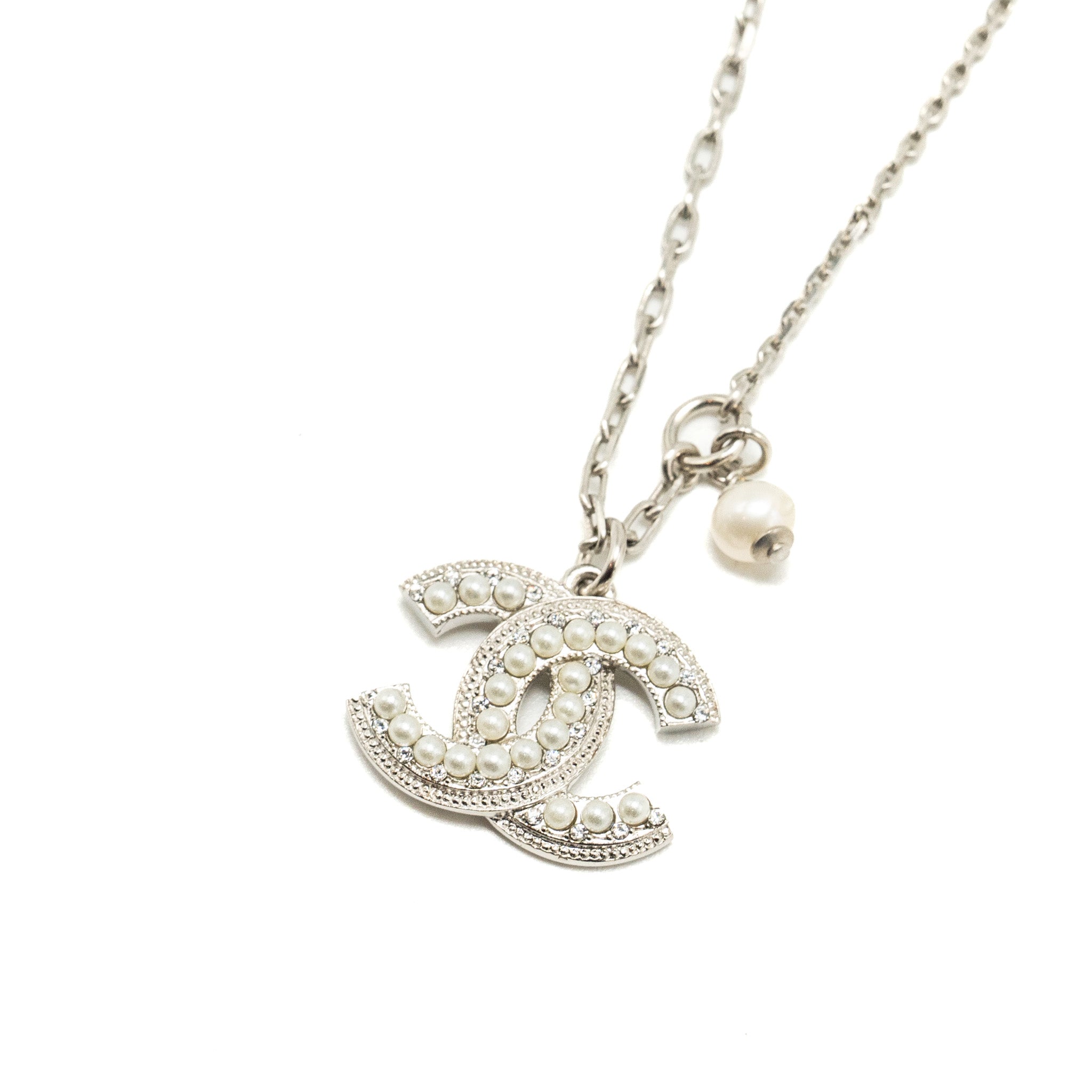 Chanel CC Logo Necklace with Pearls Silver Tone