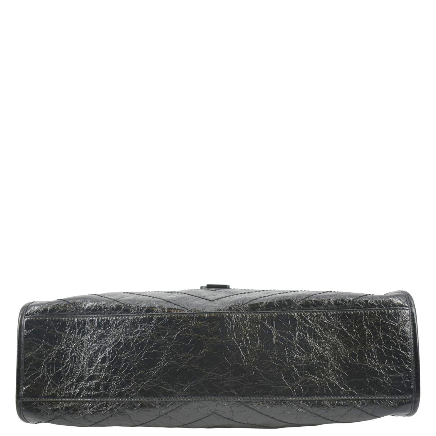 YVES SAINT LAURENT Niki Large Crinkle Leather Shopper Tote Bag Black