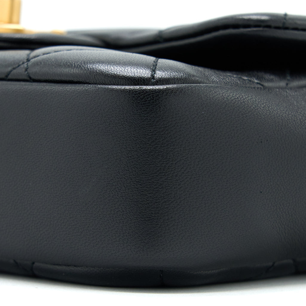 Chanel Circular Handle Quilted Flap Bag Lambskin Black Brushed