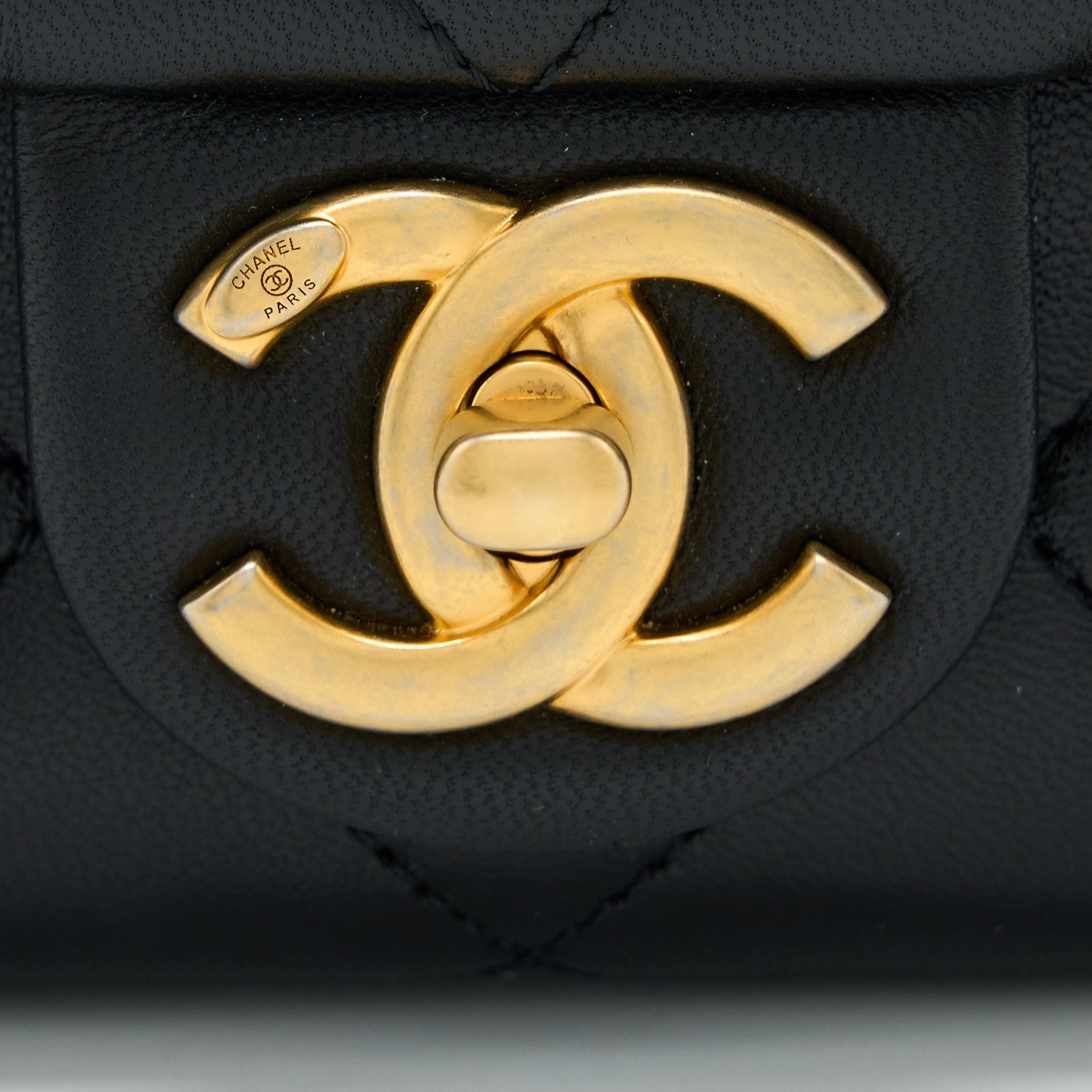 Chanel Circular Handle Quilted Flap Bag Lambskin Black Brushed