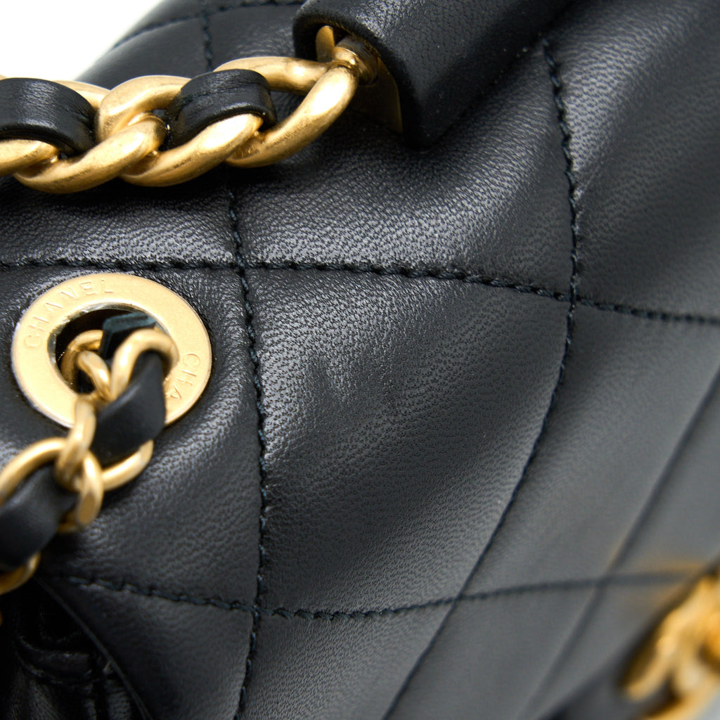 Chanel Circular Handle Quilted Flap Bag Lambskin Black Brushed