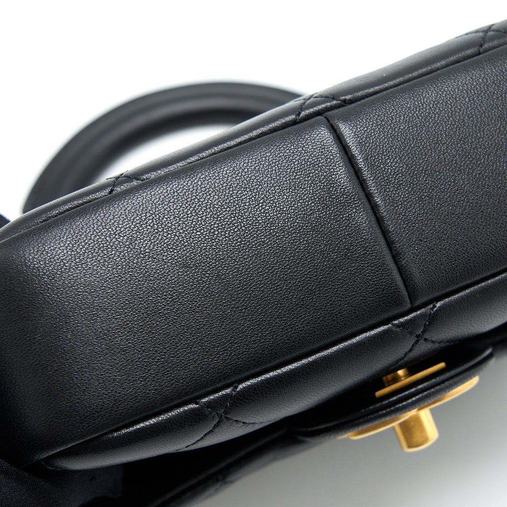 Chanel Circular Handle Quilted Flap Bag Lambskin Black Brushed