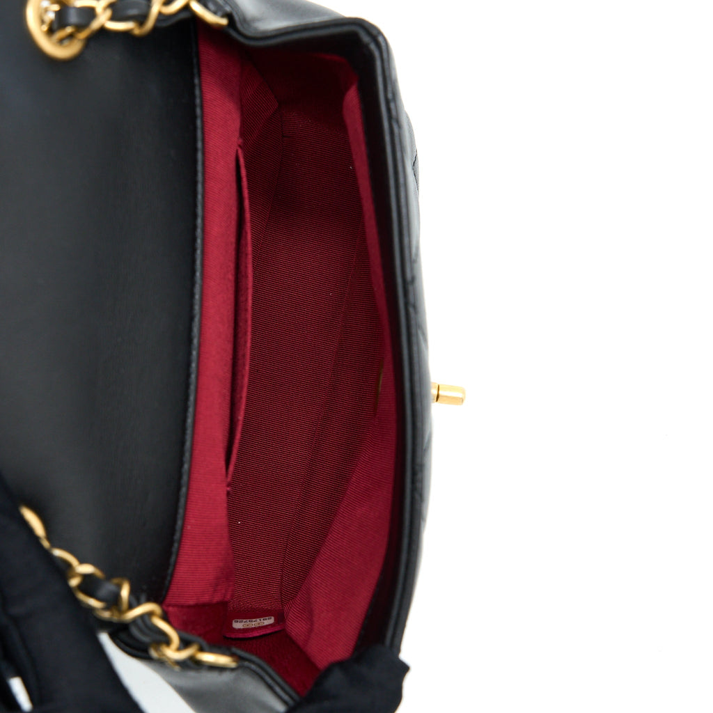 Chanel Circular Handle Quilted Flap Bag Lambskin Black Brushed