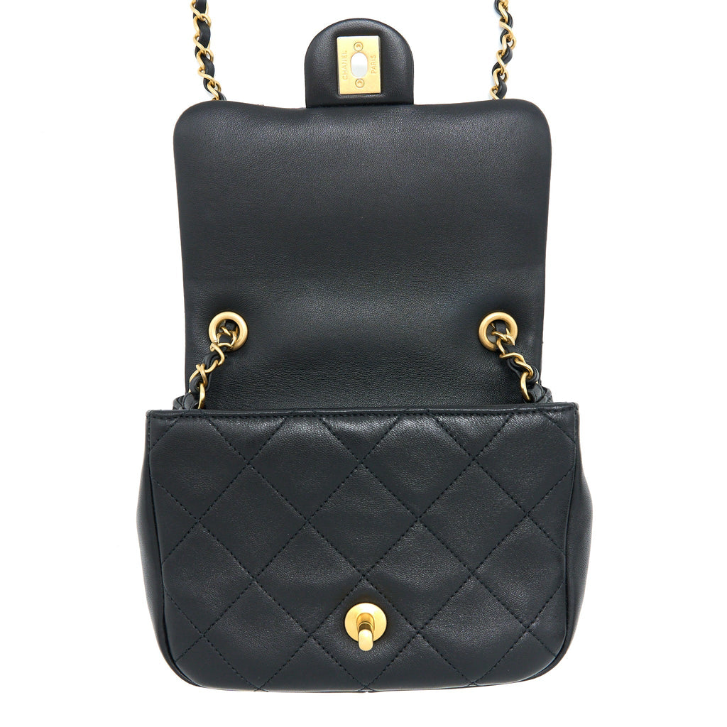 Chanel Circular Handle Quilted Flap Bag Lambskin Black Brushed