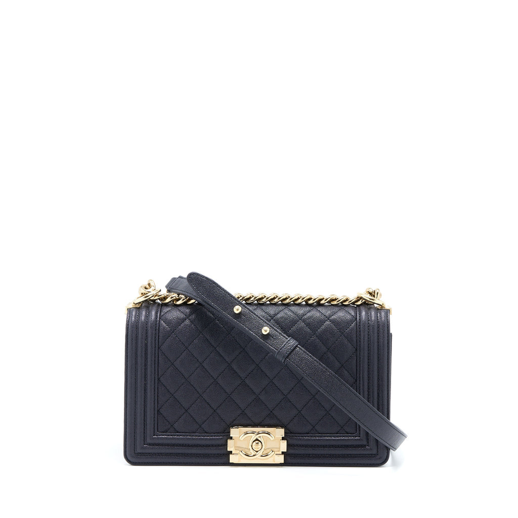 Chanel Medium Boy Bag Grained Calfskin Dark Blue L