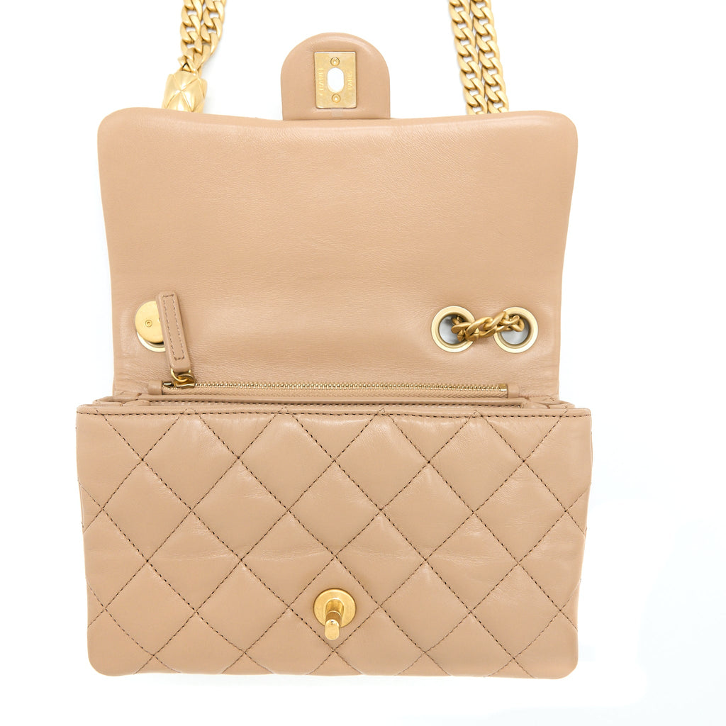 Chanel 22K Gold Pillar Adjustable Chain Flap Bag Lambskin Beige  (Microchip)
