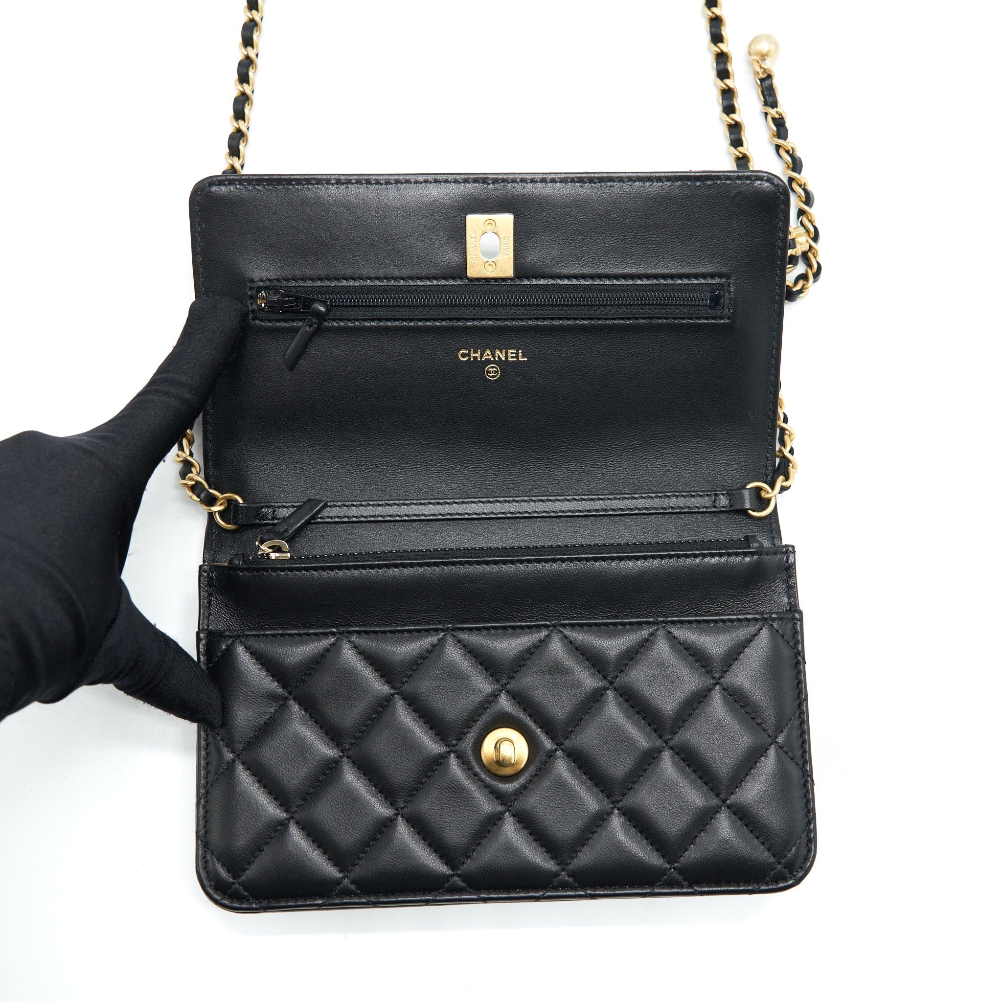 Chanel Pearl Crush Wallet On Chain Lambskin Black
