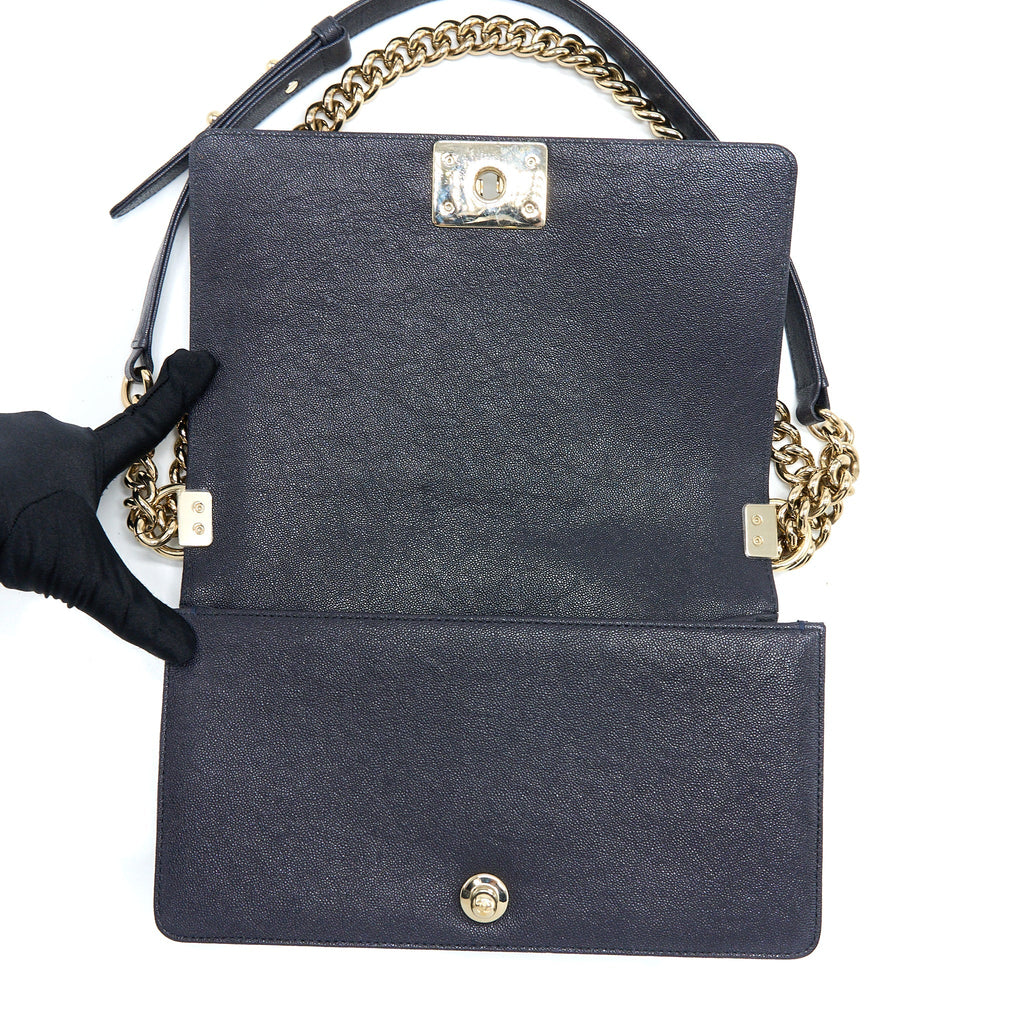 Chanel Medium Boy Bag Grained Calfskin Dark Blue L