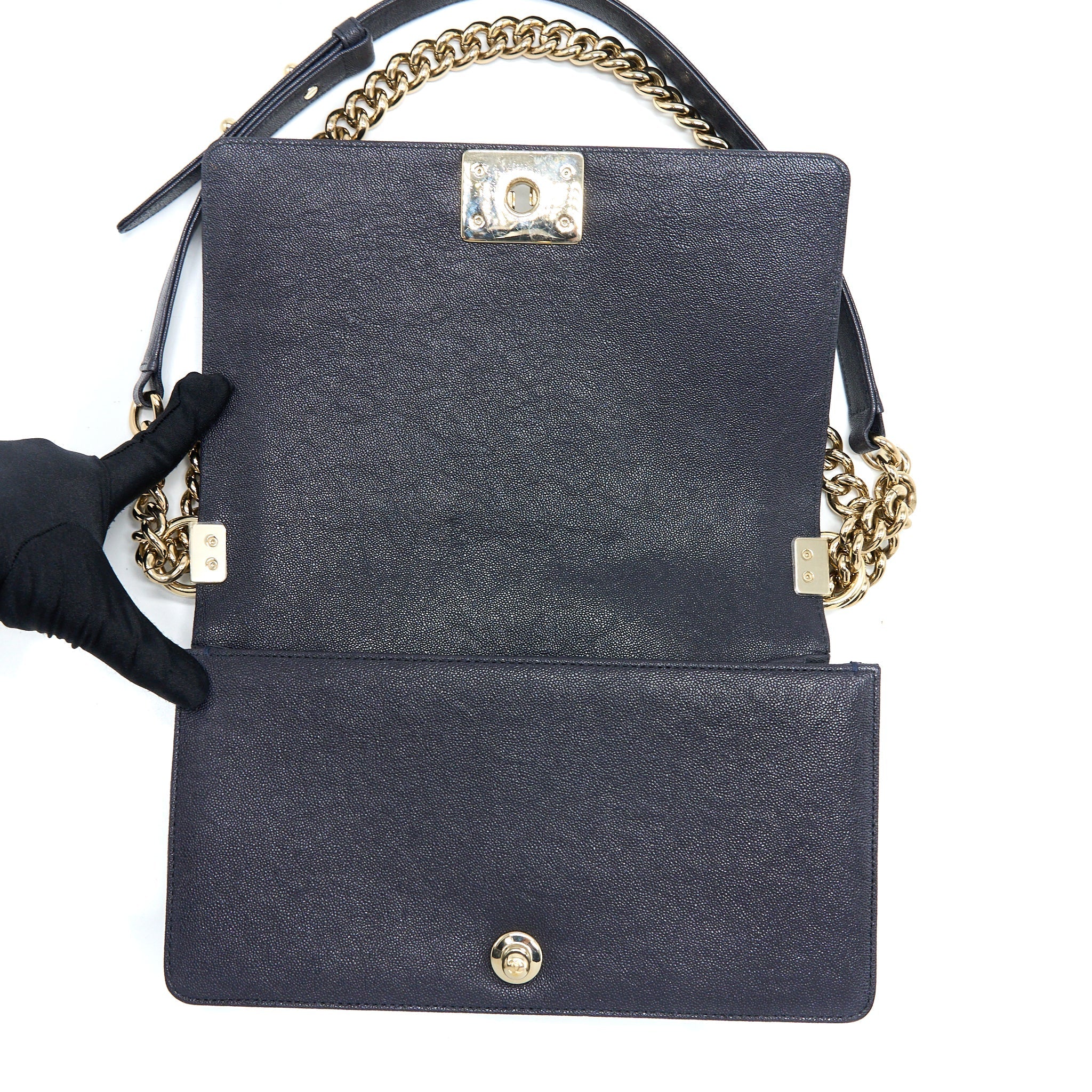 Chanel Medium Boy Bag Grained Calfskin Dark Blue L
