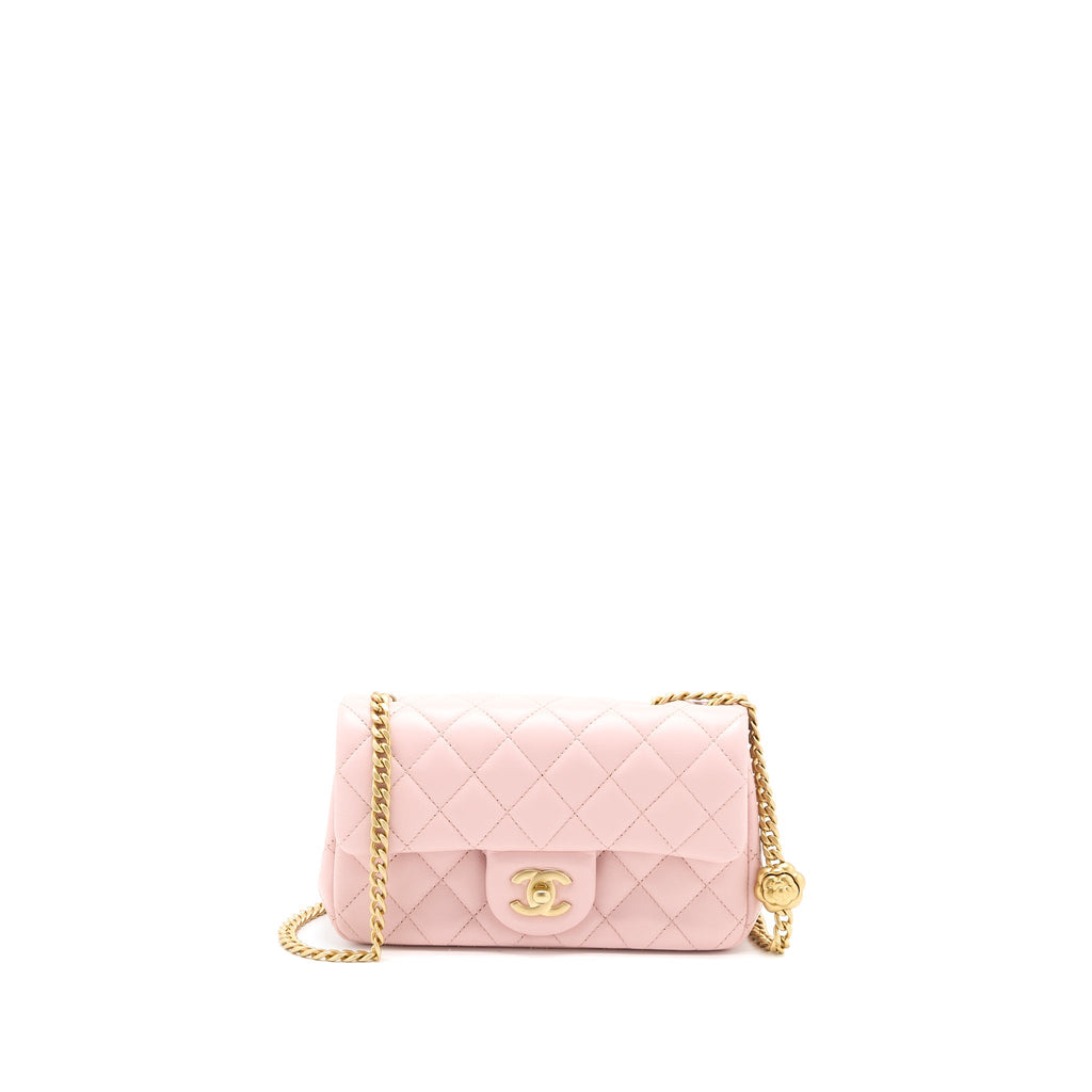 Chanel 23S Camellia Chain Mini Rectangular Flap Bag Lambskin Light Pink  (Microchip)