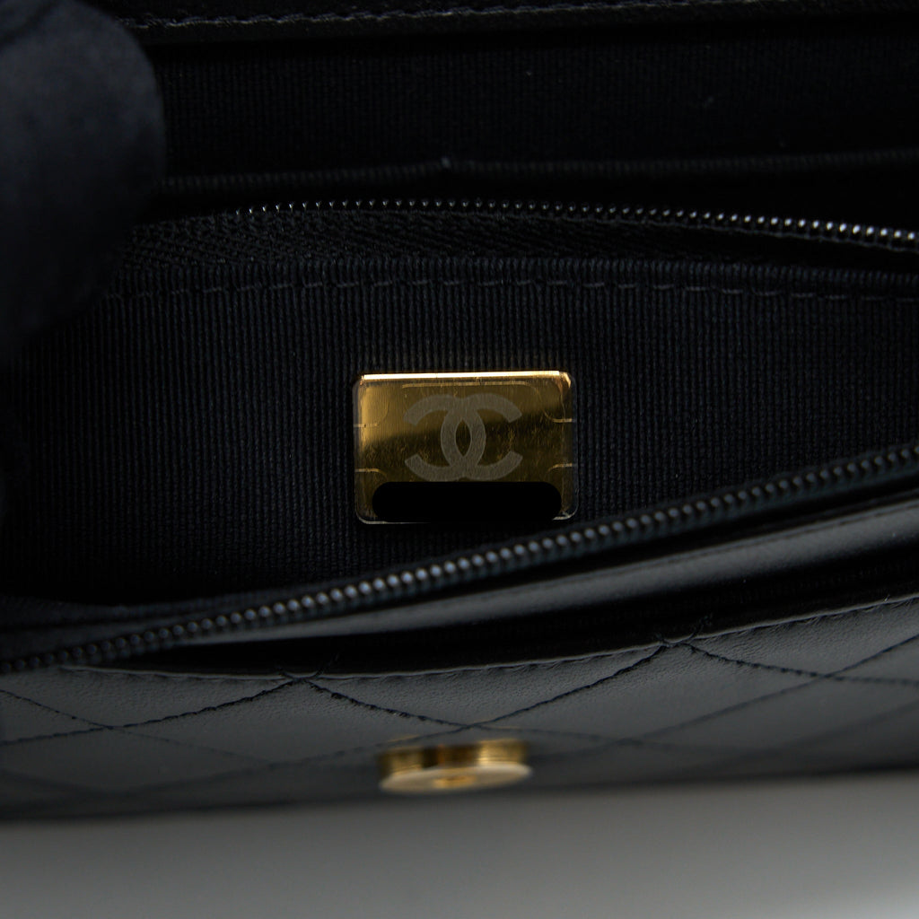 Chanel Top Handle Wallet On Chain Lambskin Black Brushed  (Microchip)
