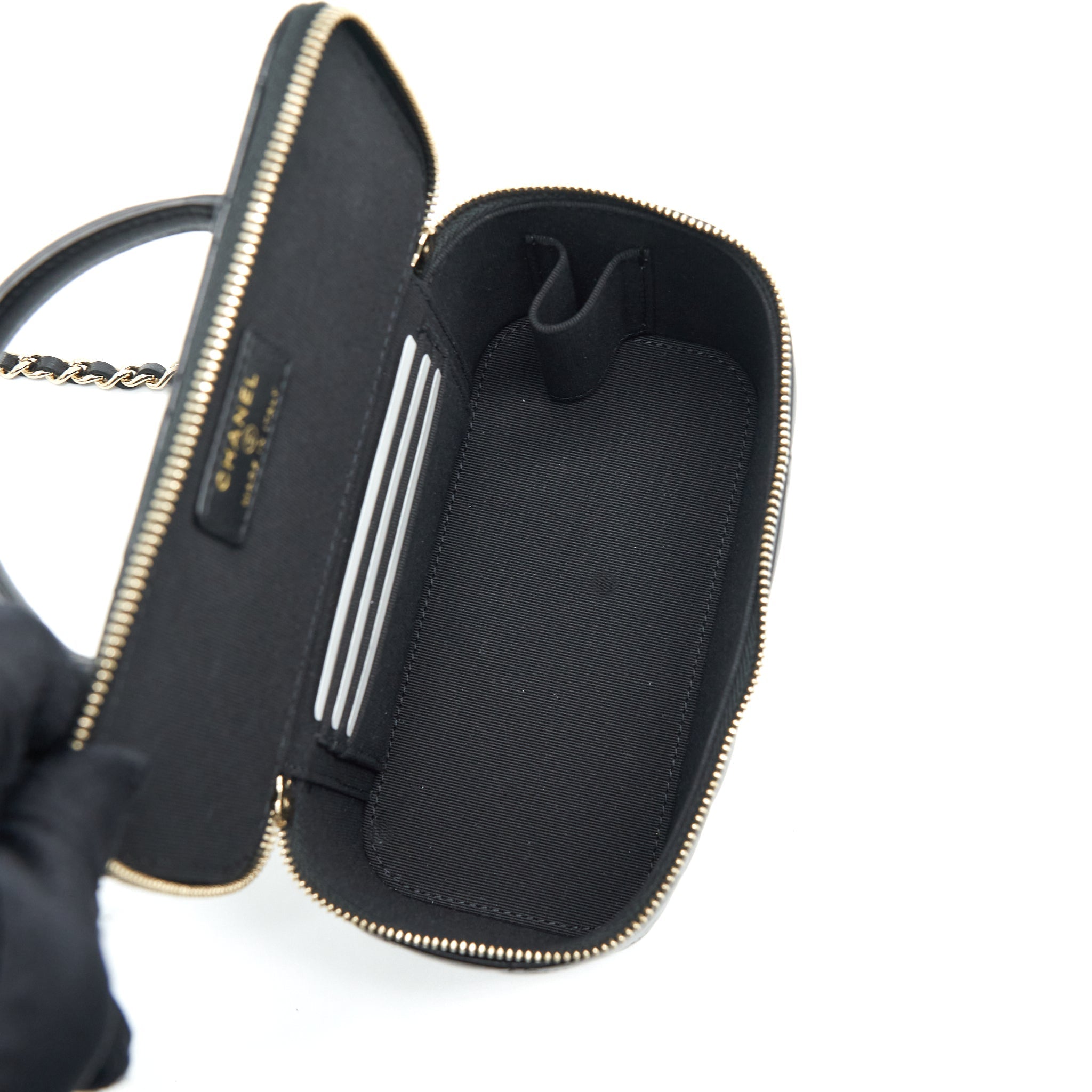 Chanel Top Handle Long Vanity With Chain Lambskin Black