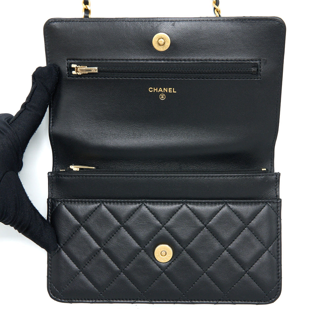 Chanel Top Handle Wallet On Chain Lambskin Black Brushed  (Microchip)