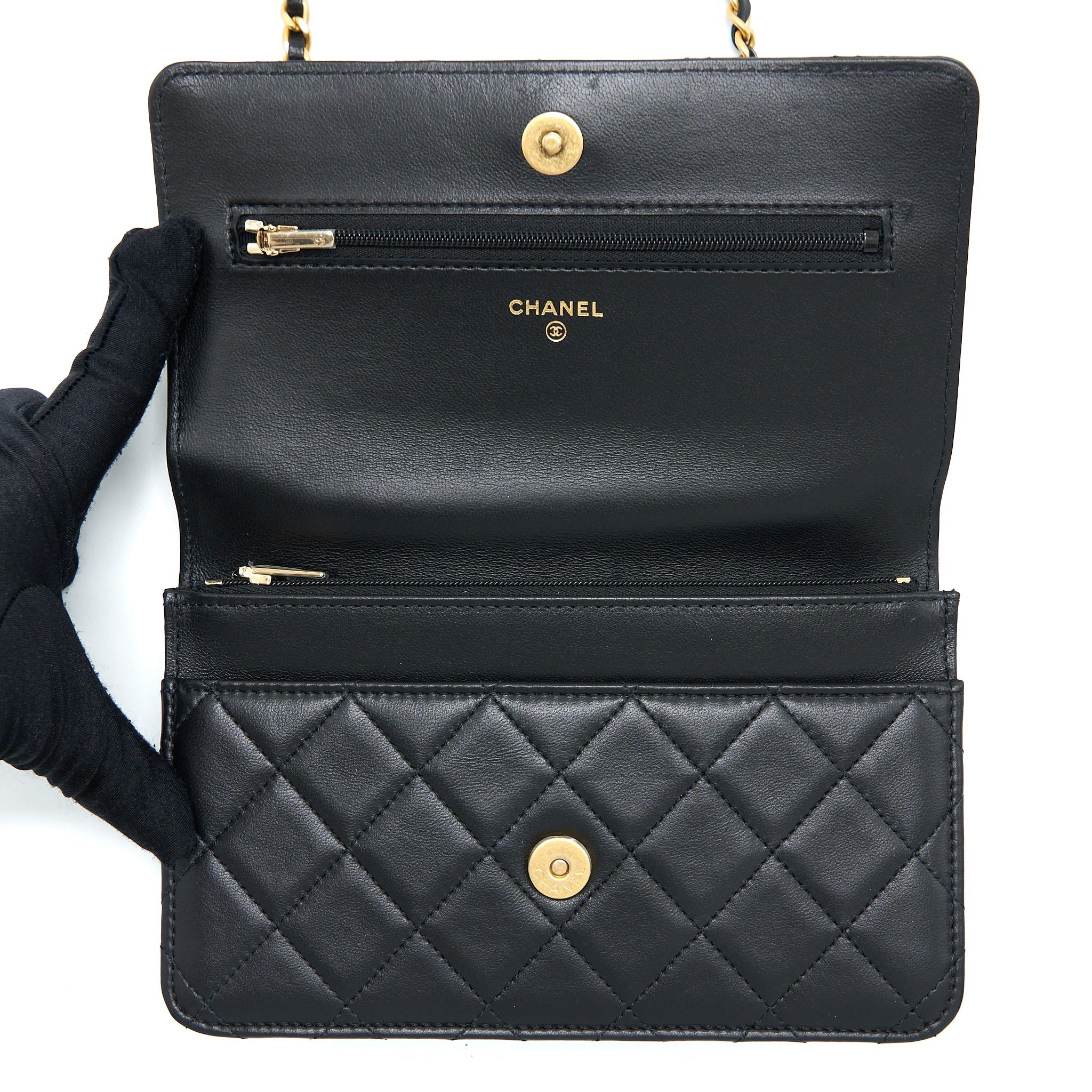 Chanel Top Handle Wallet On Chain Lambskin Black Brushed  (Microchip)