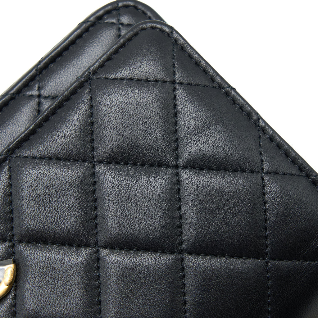 Chanel Top Handle Wallet On Chain Lambskin Black Brushed  (Microchip)