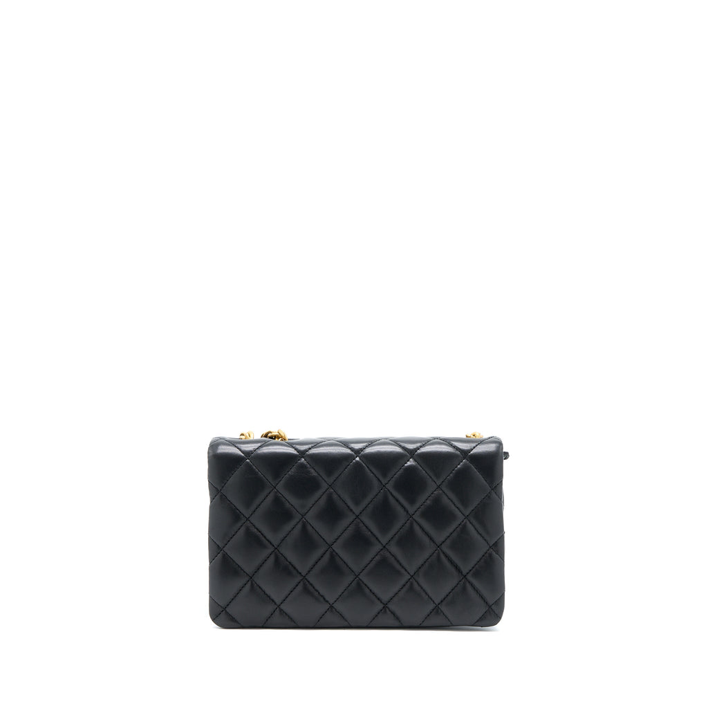 Chanel 22K Gold Pillar Adjustment Chain Flap Bag Lambskin Black  (Microchip)