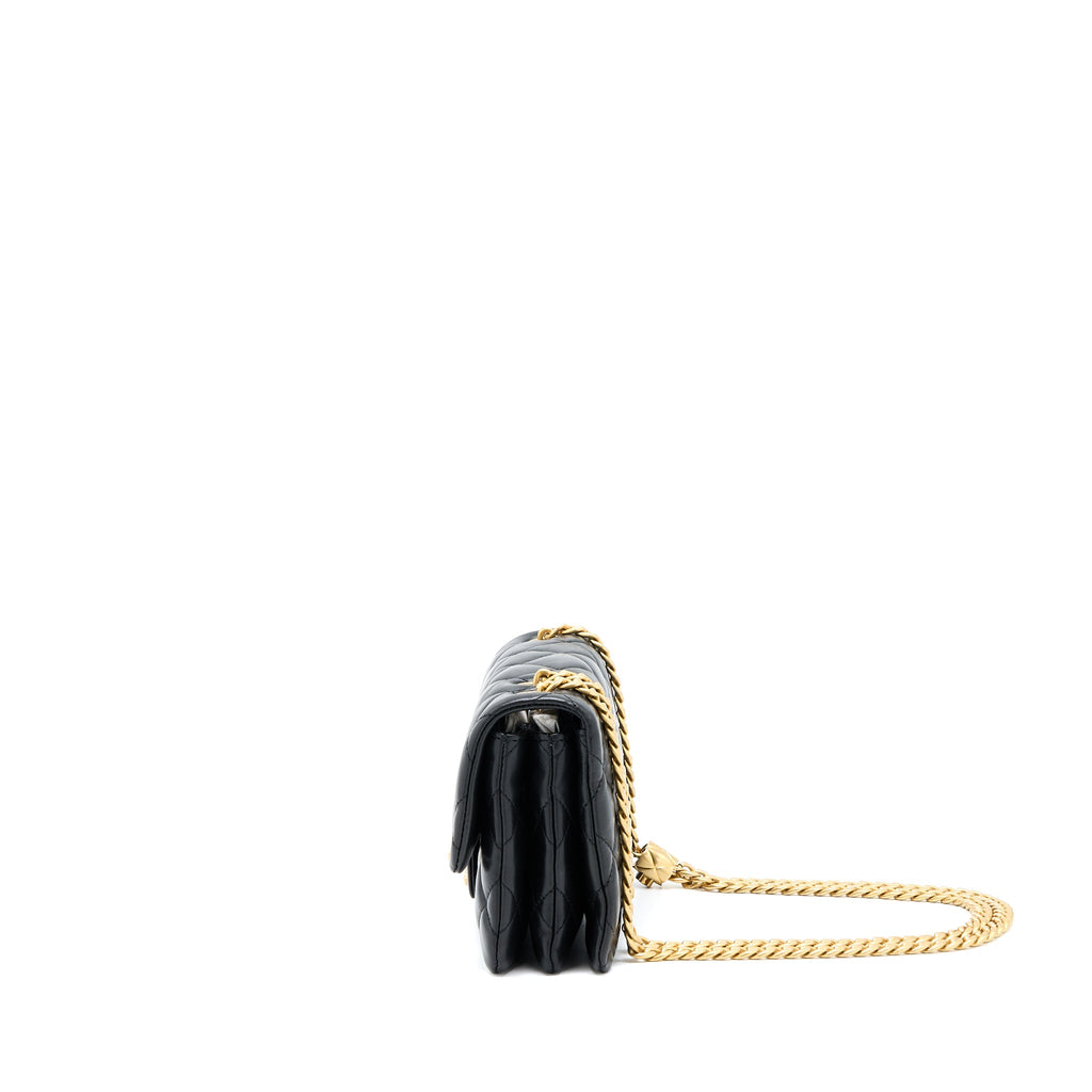 Chanel 22K Gold Pillar Adjustment Chain Flap Bag Lambskin Black  (Microchip)