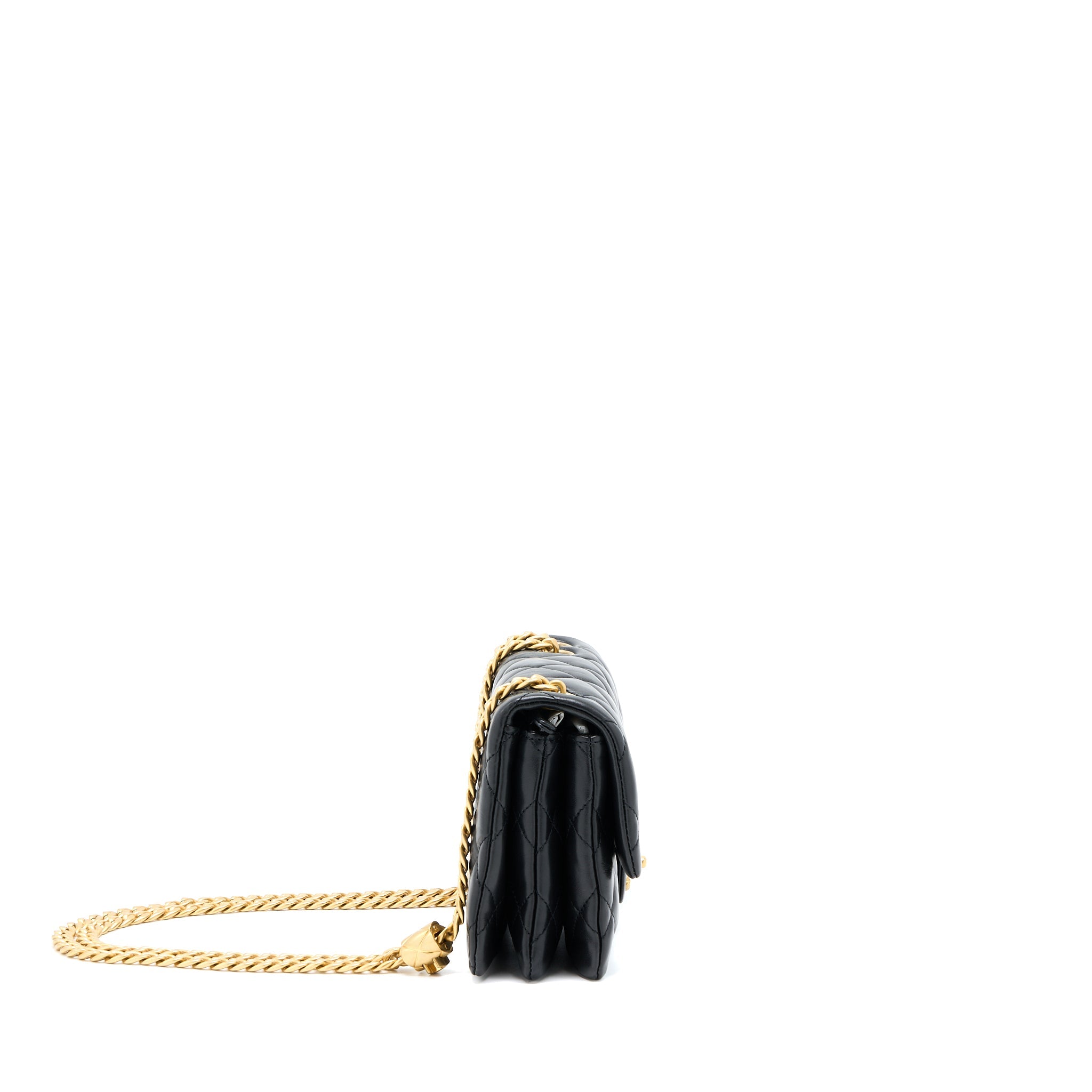Chanel 22K Gold Pillar Adjustment Chain Flap Bag Lambskin Black  (Microchip)
