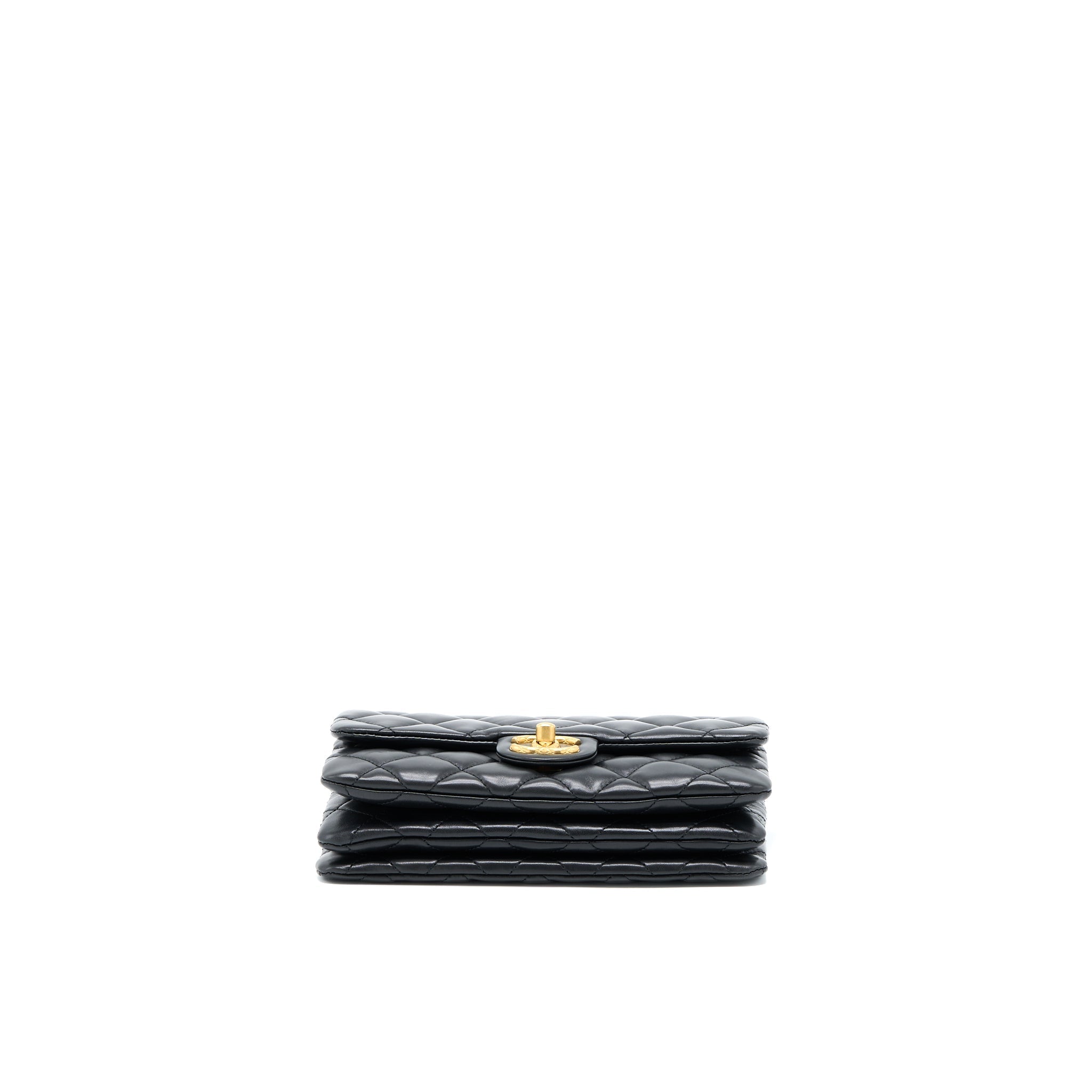 Chanel 22K Gold Pillar Adjustment Chain Flap Bag Lambskin Black  (Microchip)