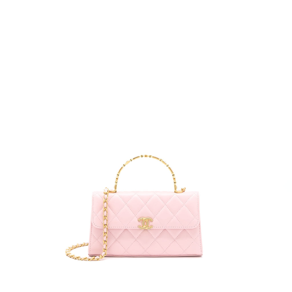 Chanel 22B Flap Bag Enamel/CC Logo Top Handle Lambskin NJ523 Light Pink Brushed
