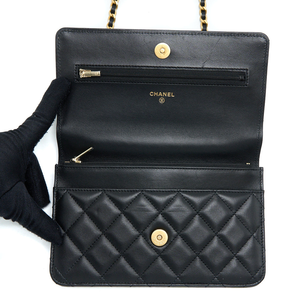 Chanel Detailed Top Handle Wallet on Chain Lambskin Black  (Microchip)