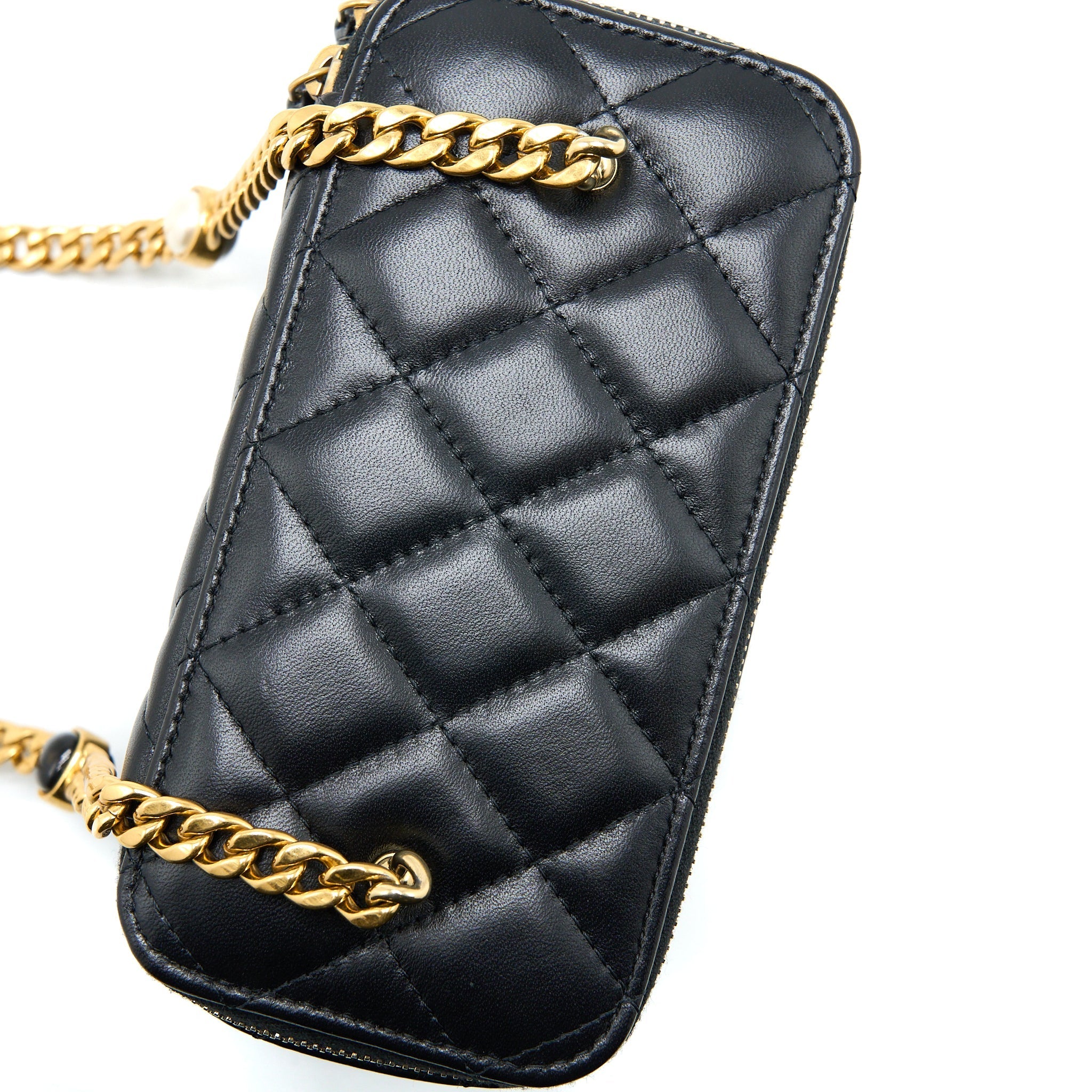 Chanel Long Vanity Detailed Gem Chain Lambskin Black  (Microchip)