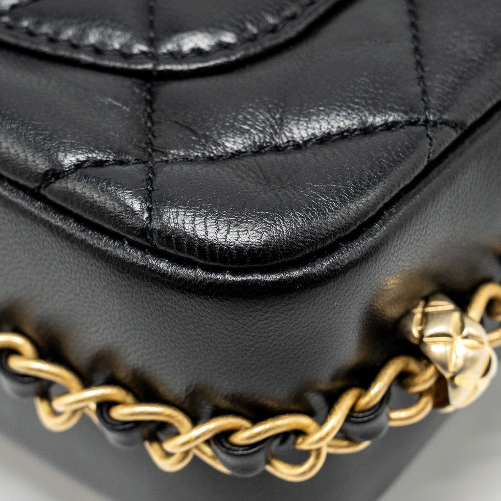 Chanel Mini Coco CC Logo Quilted Flap Bag Lambskin Black  (Microchip)