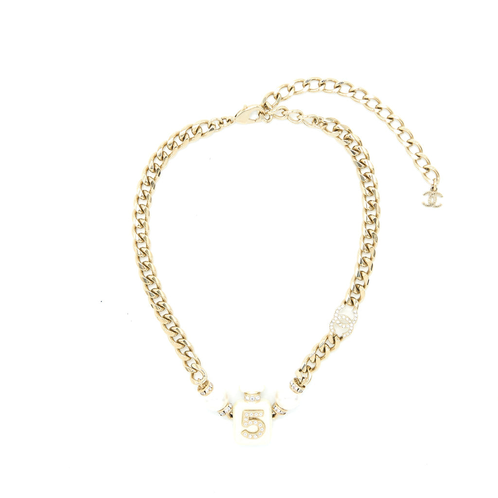 Chanel No.5 Perfume Bottle Chocker/ Necklace Crystal/Pearl Light Gold Tone