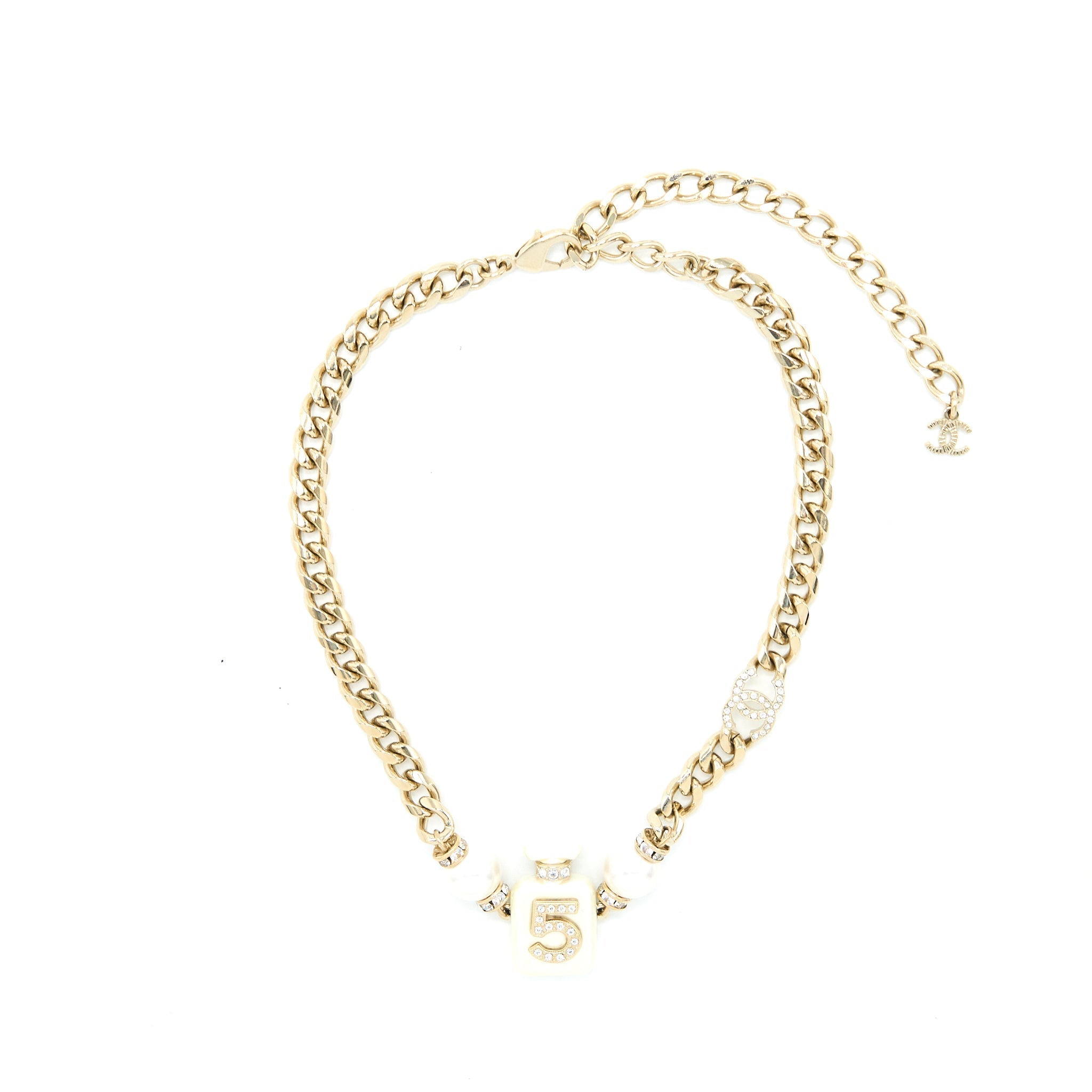 Chanel No.5 Perfume Bottle Chocker/ Necklace Crystal/Pearl Light Gold Tone