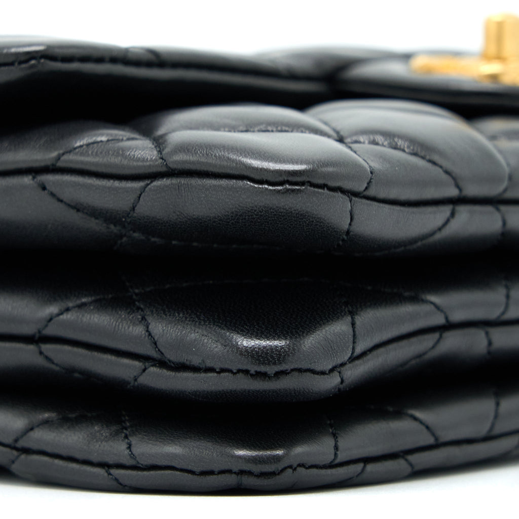 Chanel 22K Gold Pillar Adjustment Chain Flap Bag Lambskin Black  (Microchip)