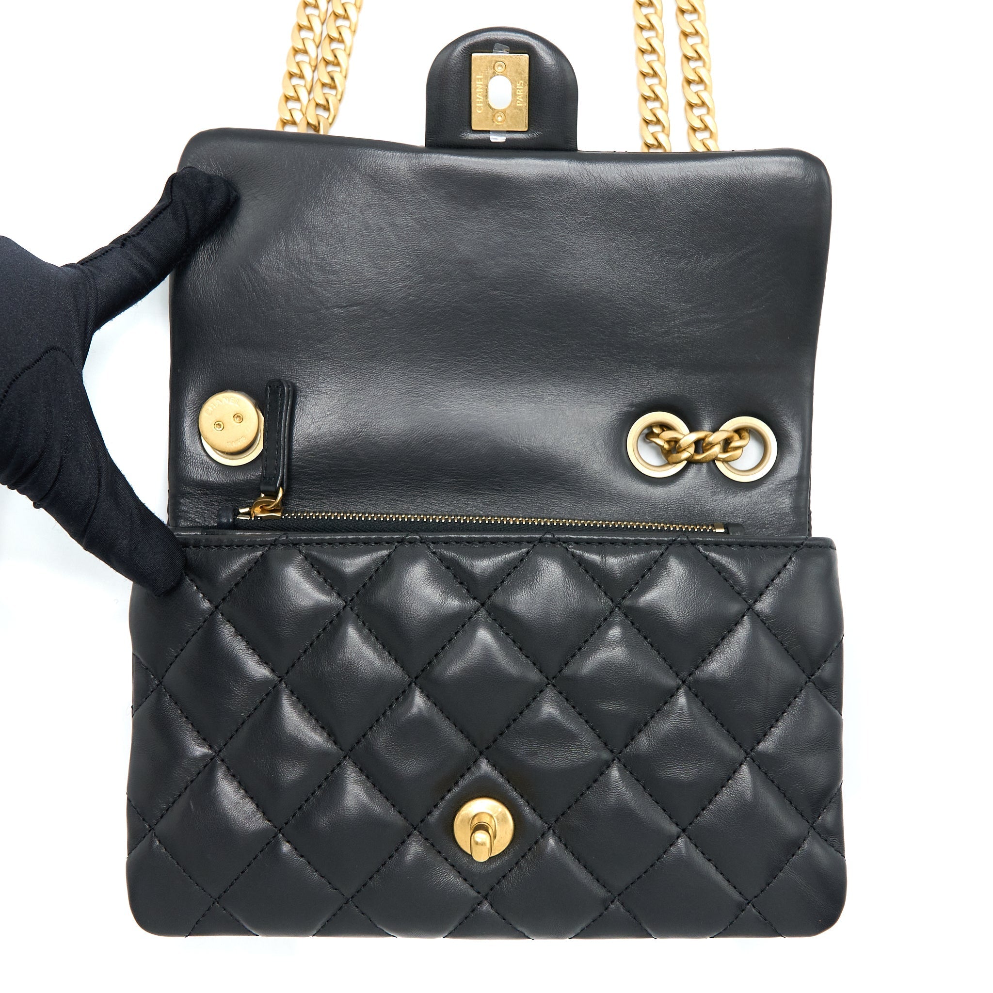 Chanel 22K Gold Pillar Adjustment Chain Flap Bag Lambskin Black  (Microchip)