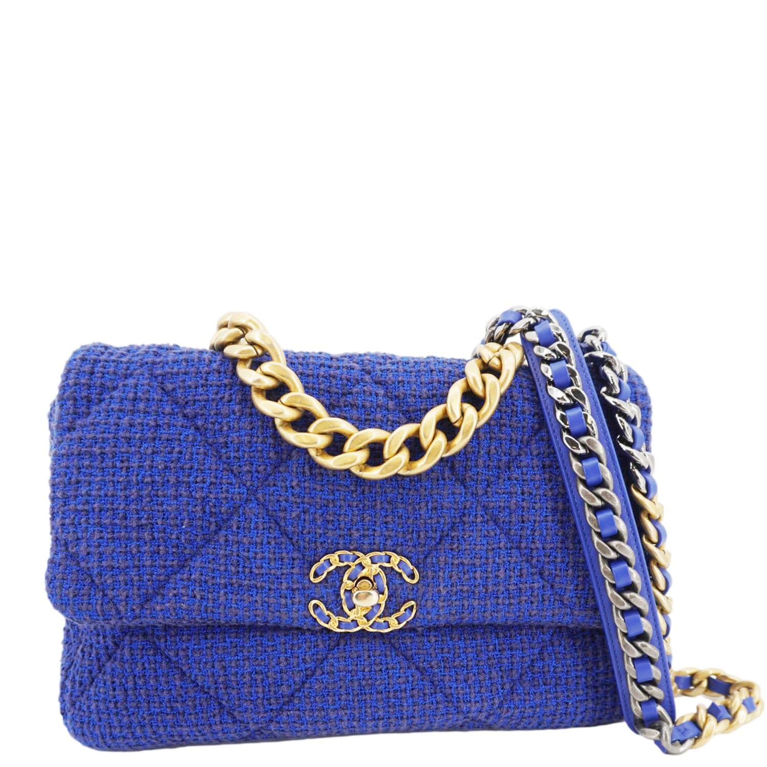 CHANEL 19 Flap Quilted Tweed Shoulder Bag Blue